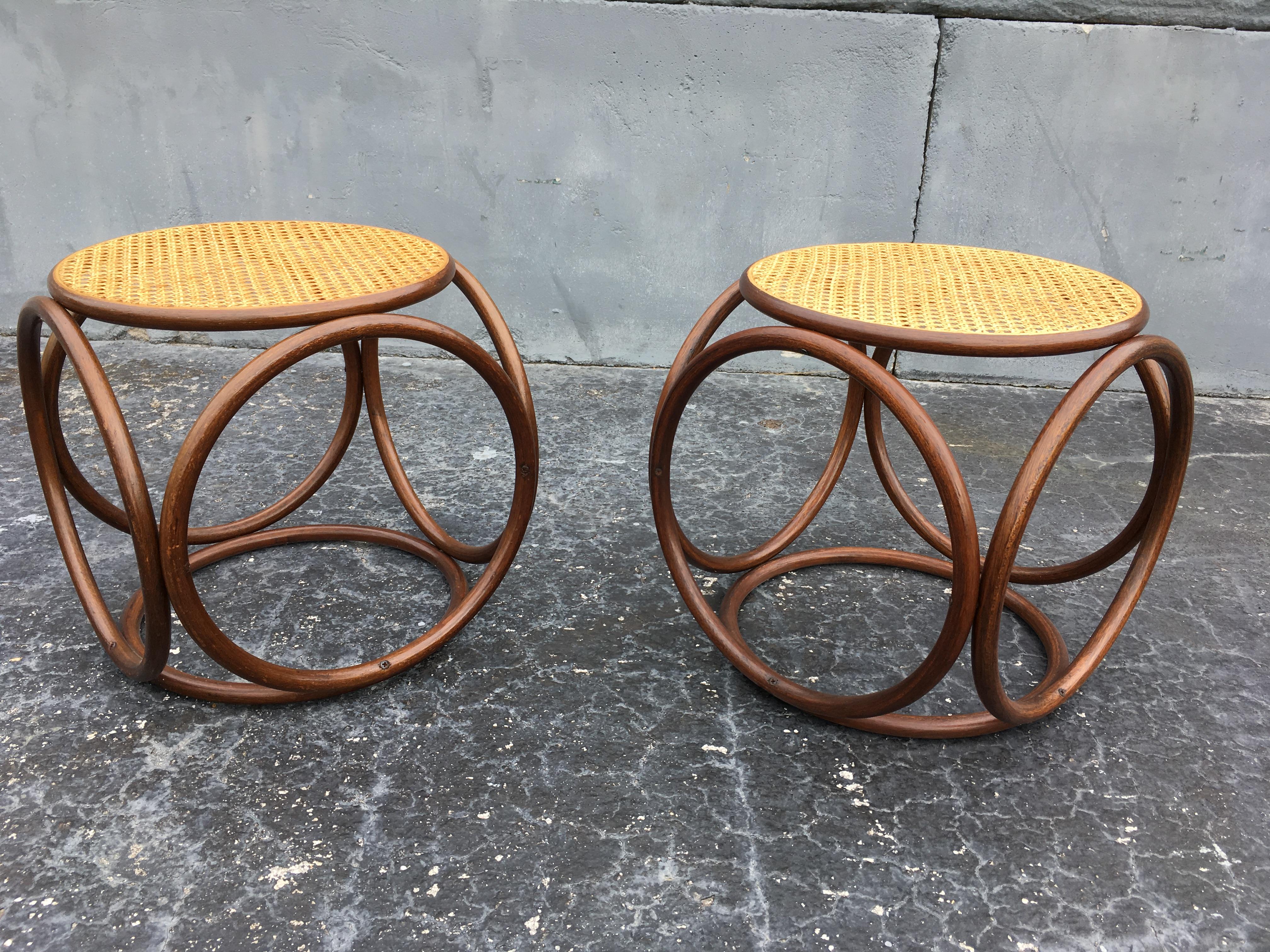 Austrian Pair of Michael Thonet Stools Ottomans, Side Tables Cane and Bentwood Brown
