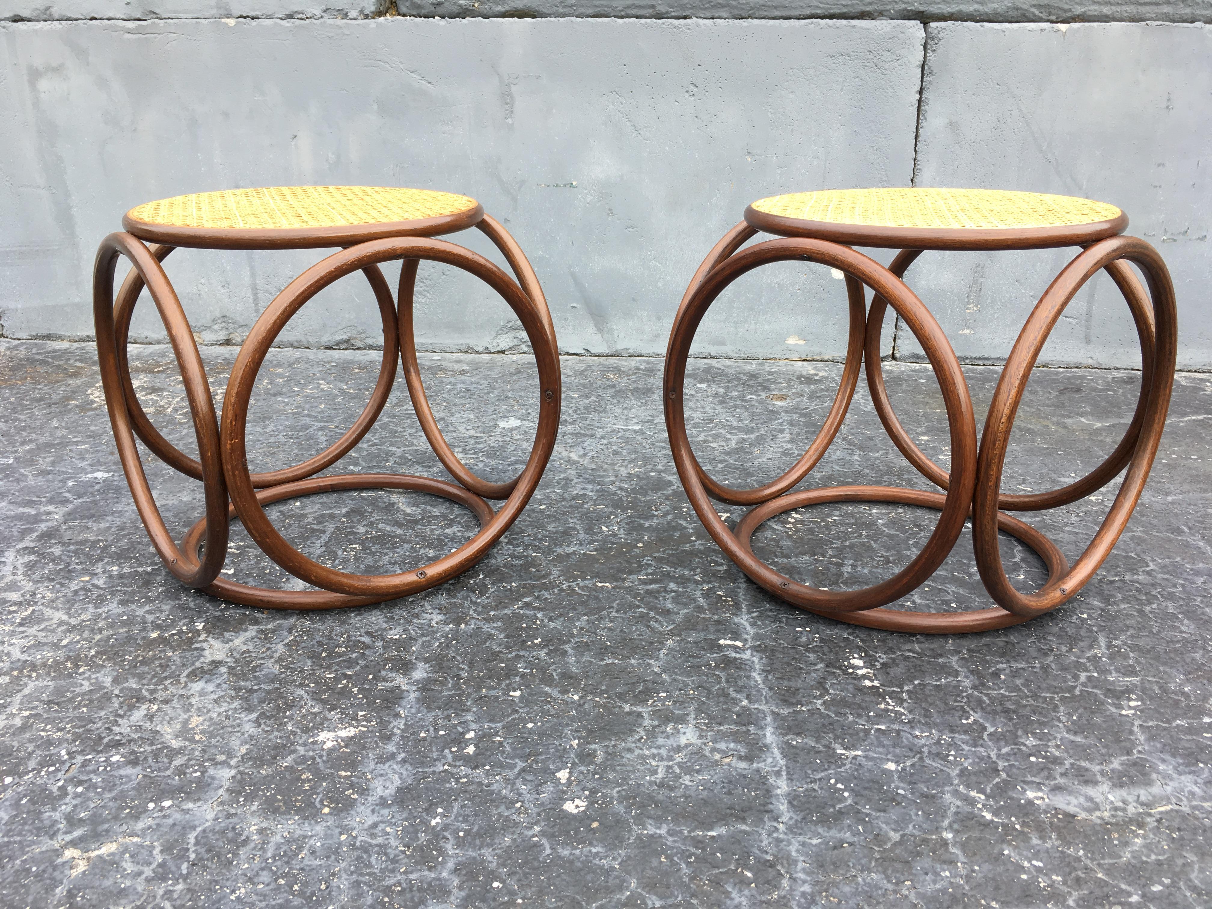 Modern Pair of Michael Thonet Stools Ottomans, Side Tables Cane and Bentwood Brown