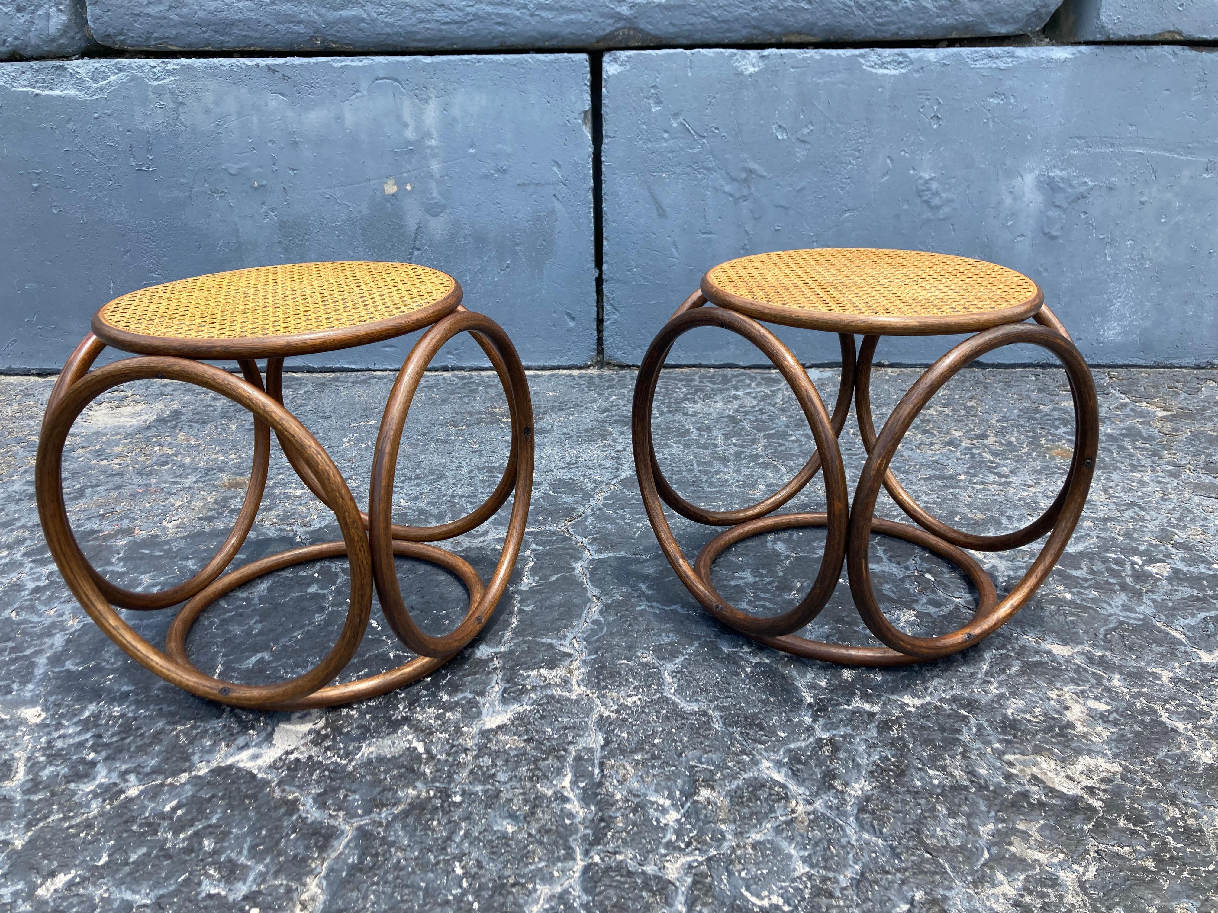 Austrian Pair of Michael Thonet Stools Ottomans, Side Tables Cane and Bentwood Brown