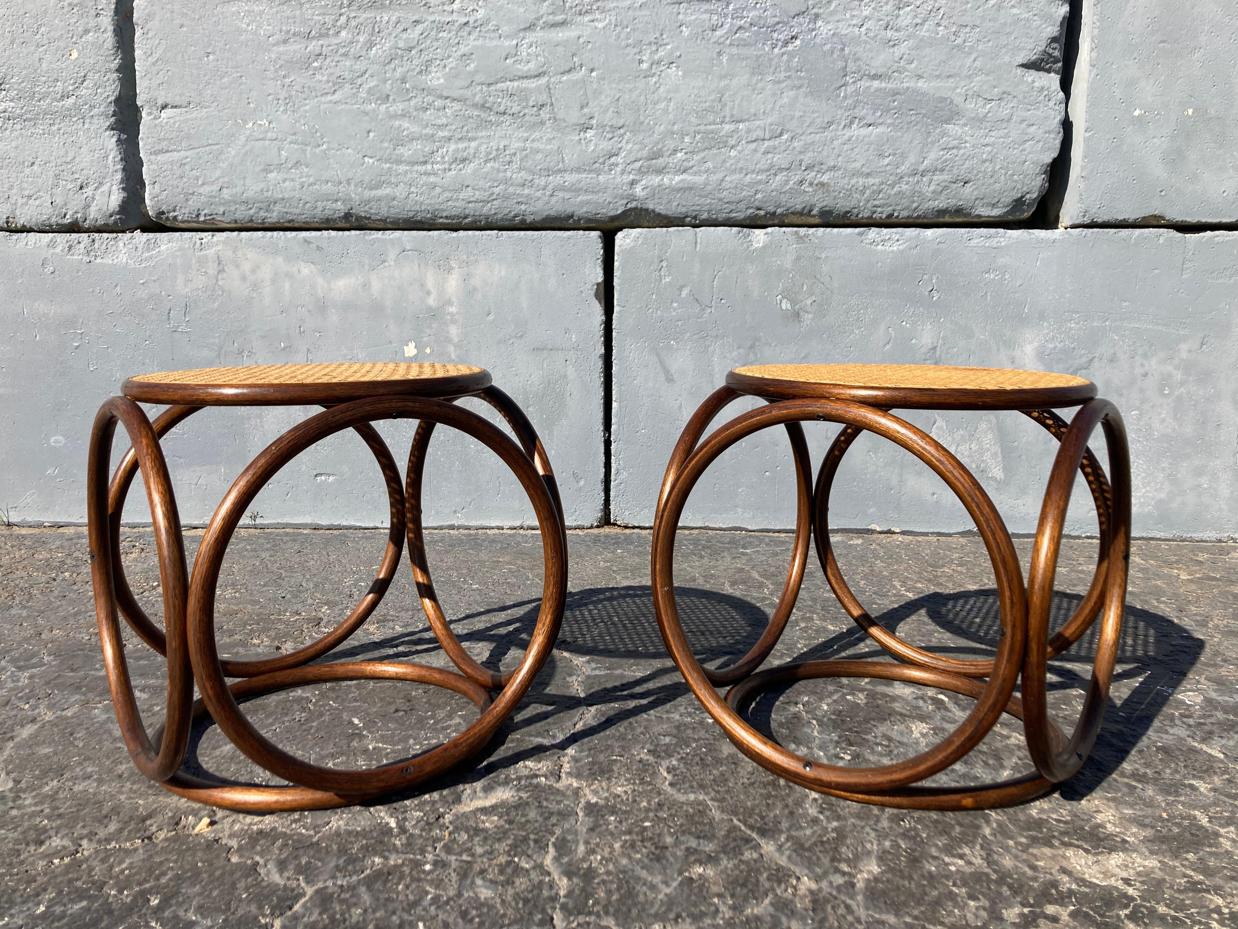 Austrian Pair of Stools Ottomans, Side Tables Cane and Bentwood Brown