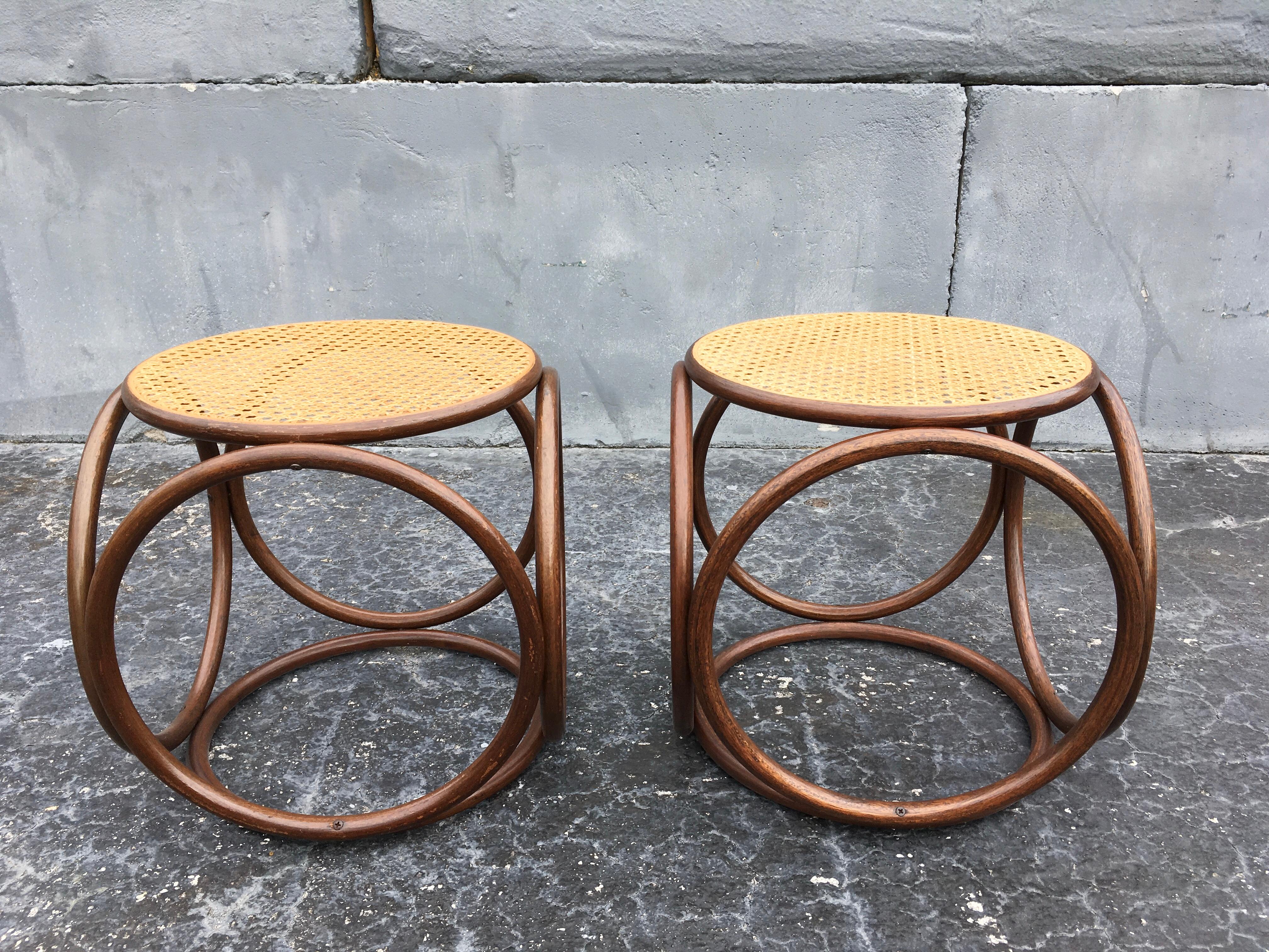 Austrian Pair of Michael Thonet Stools Ottomans, Side Tables Cane and Bentwood Brown