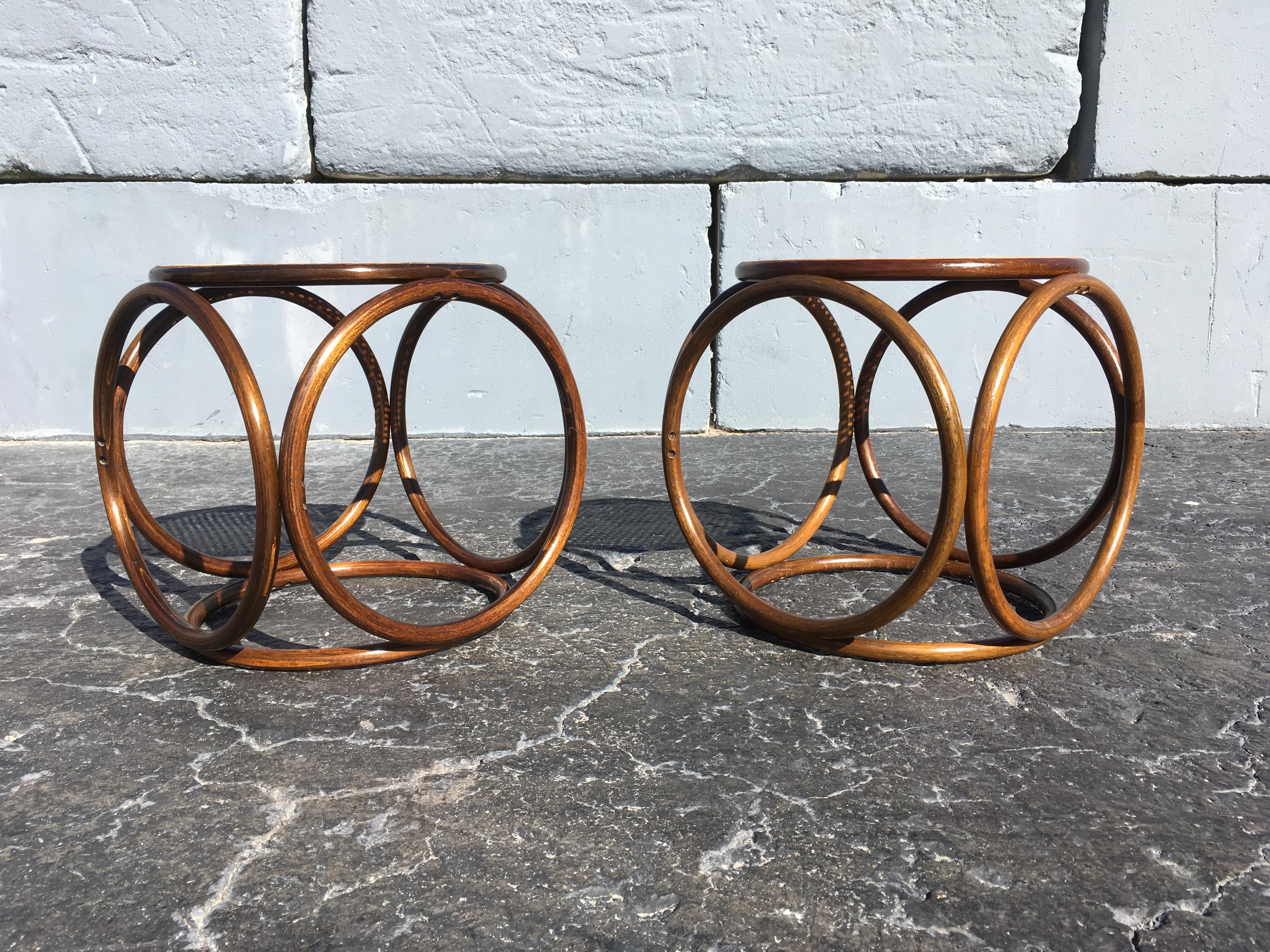 Pair of Michael Thonet Stools Ottomans, Side Tables Cane and Bentwood Brown In Good Condition In Miami, FL