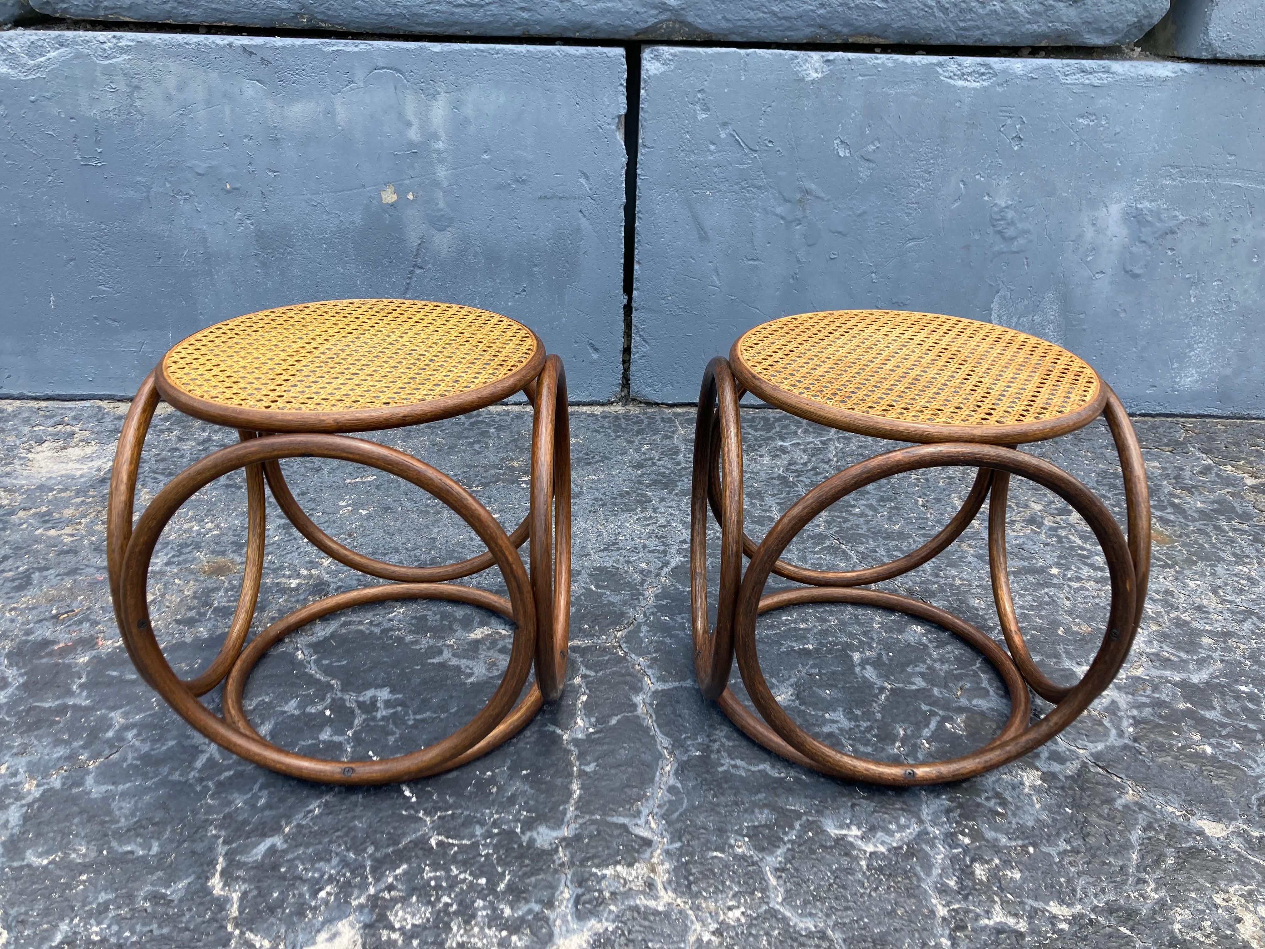 Pair of Michael Thonet Stools Ottomans, Side Tables Cane and Bentwood Brown In Good Condition In Miami, FL