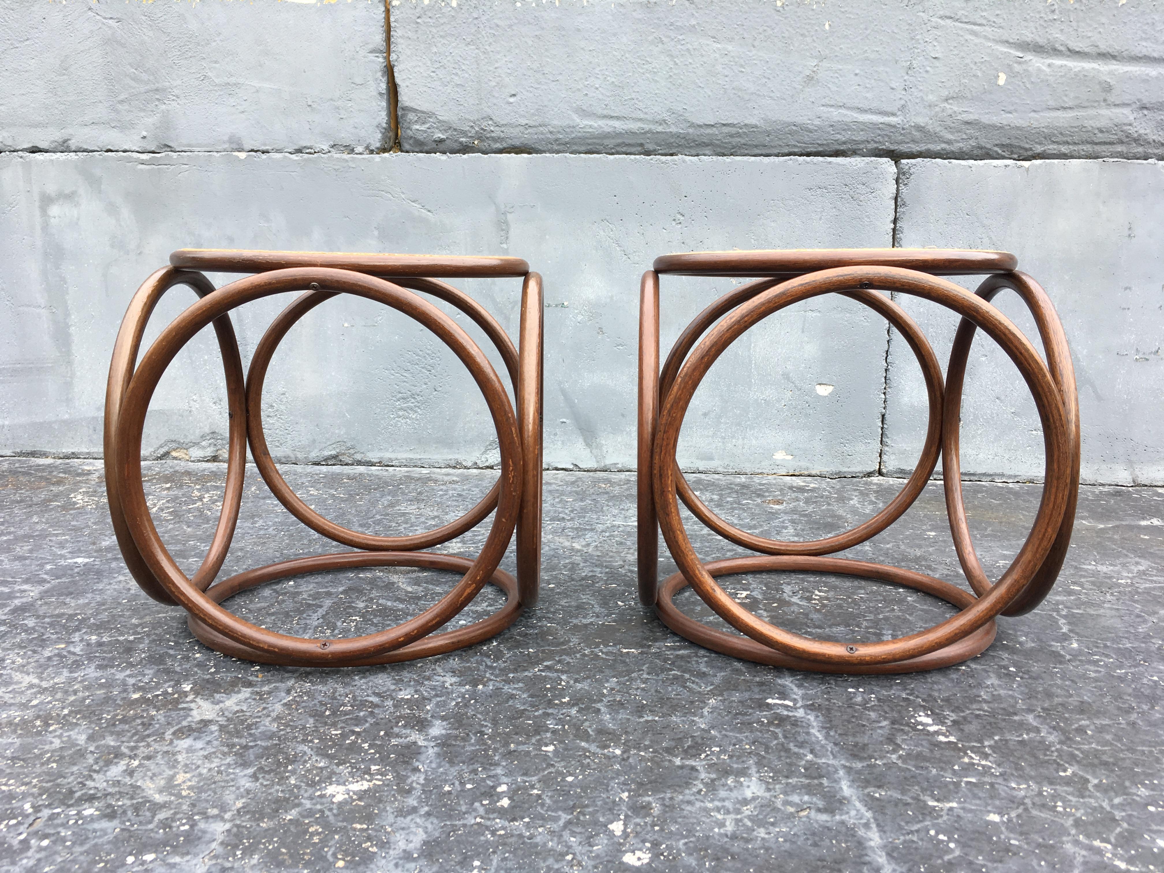 Pair of Michael Thonet Stools Ottomans, Side Tables Cane and Bentwood Brown In Good Condition In Miami, FL