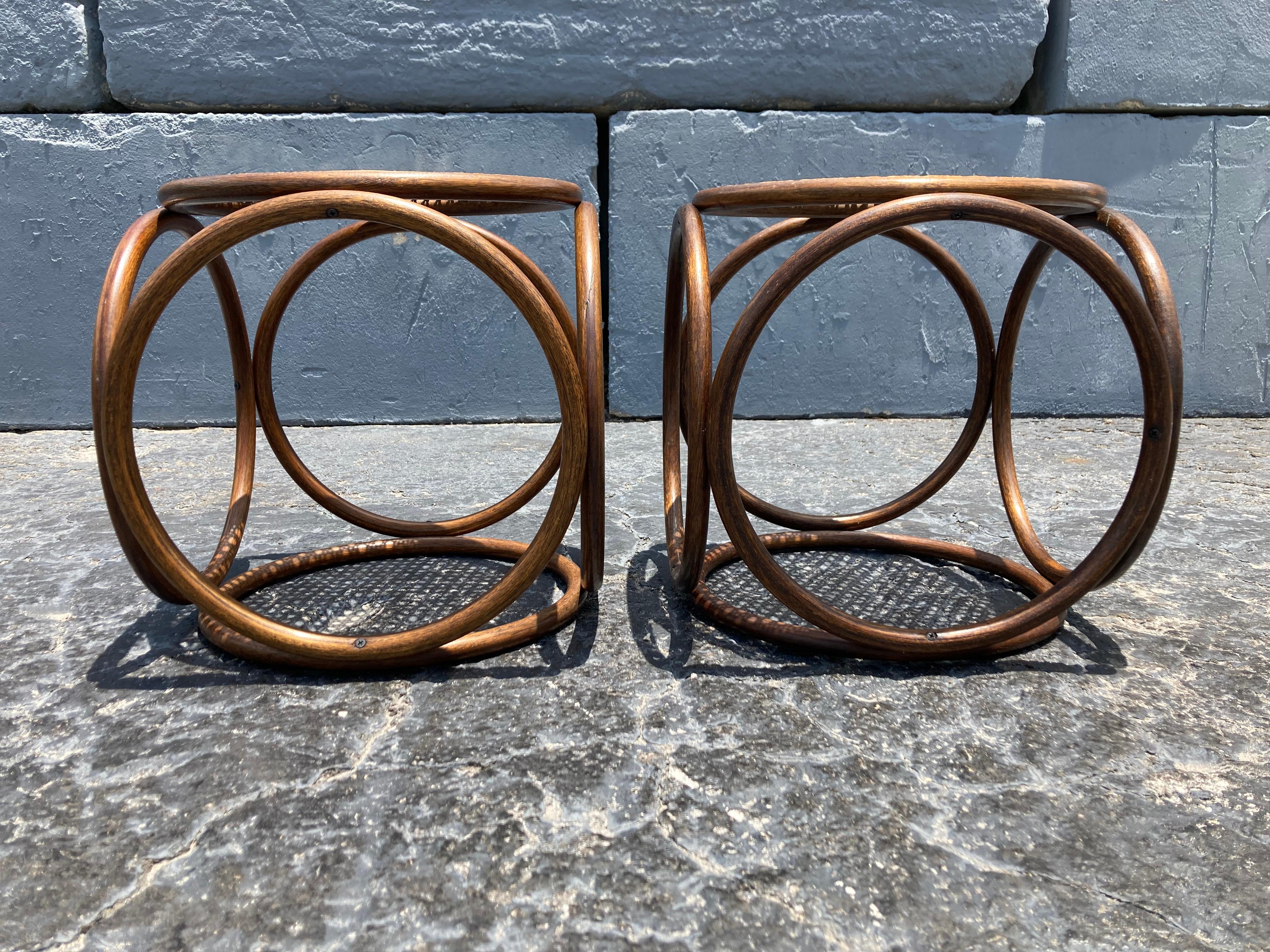 Late 20th Century Pair of Michael Thonet Stools Ottomans, Side Tables Cane and Bentwood Brown