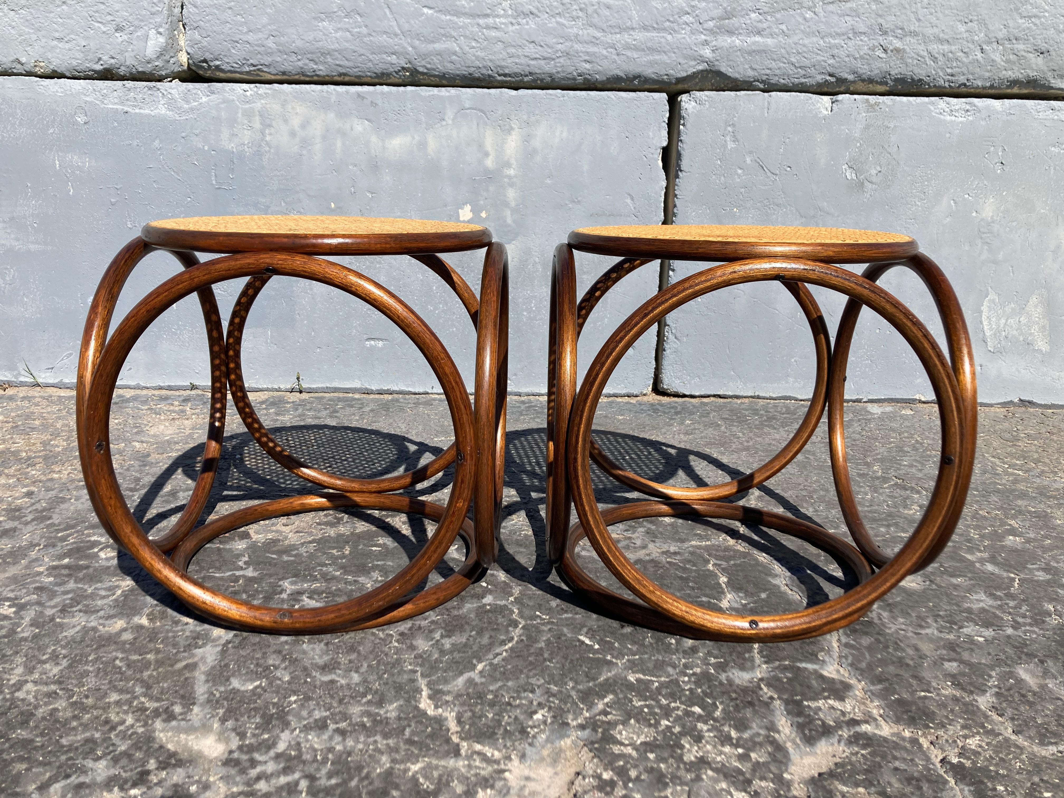 Late 20th Century Pair of Stools Ottomans, Side Tables Cane and Bentwood Brown
