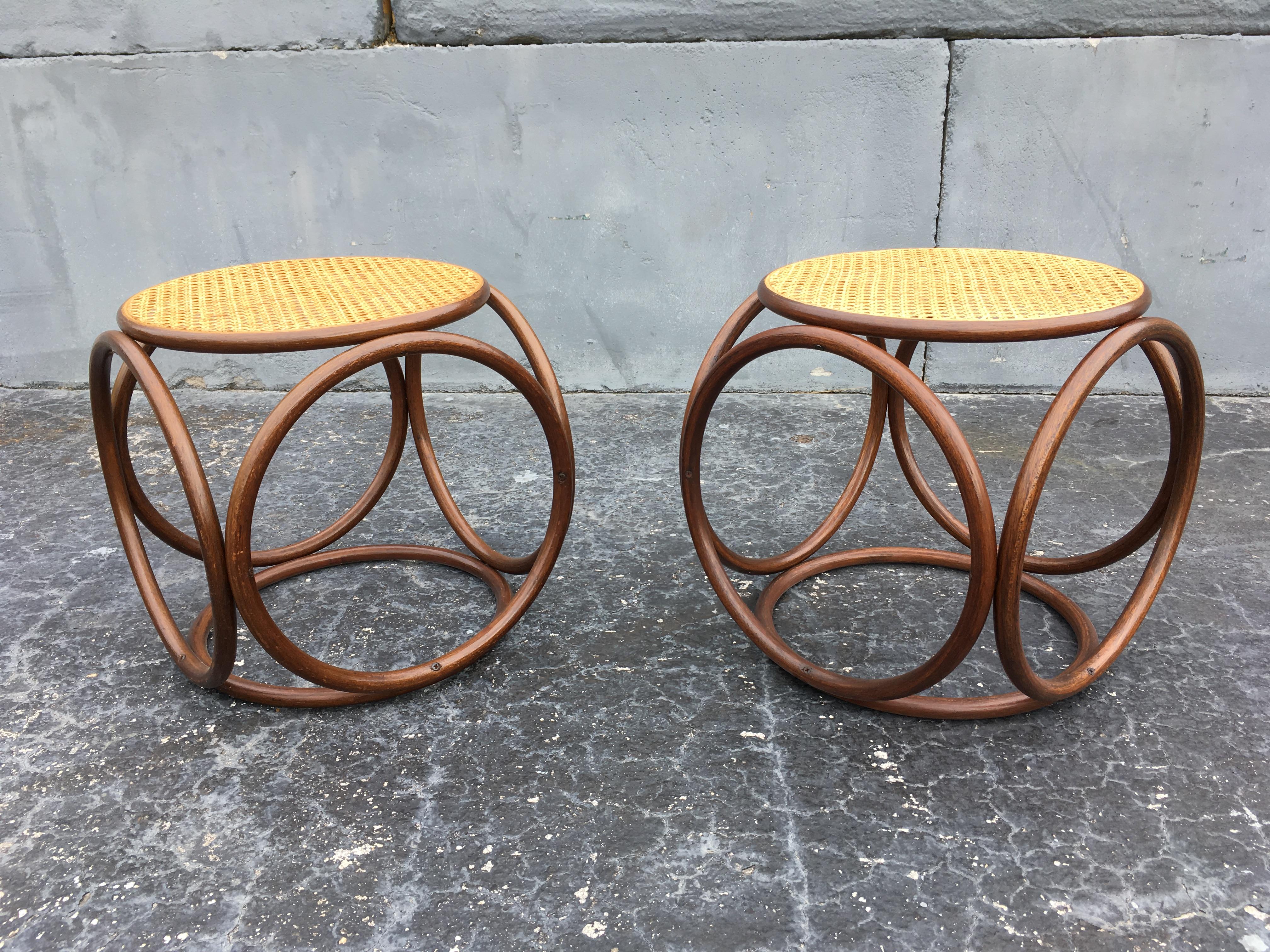 Pair of Michael Thonet Stools Ottomans, Side Tables Cane and Bentwood Brown 1
