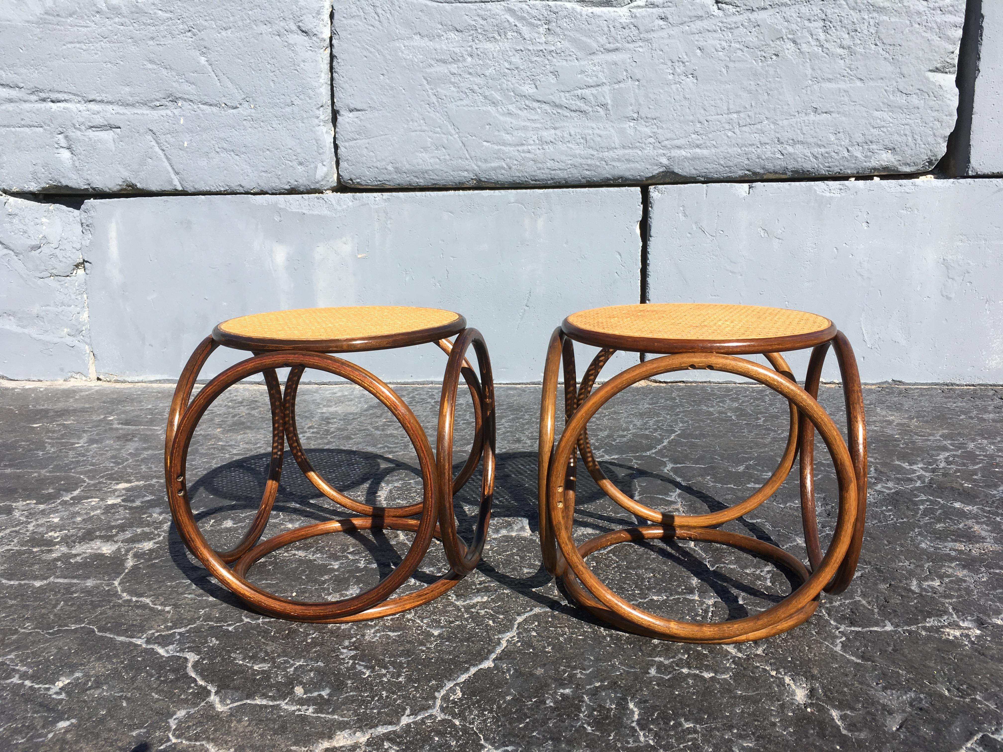 Pair of Michael Thonet Stools Ottomans, Side Tables Cane and Bentwood Brown 1