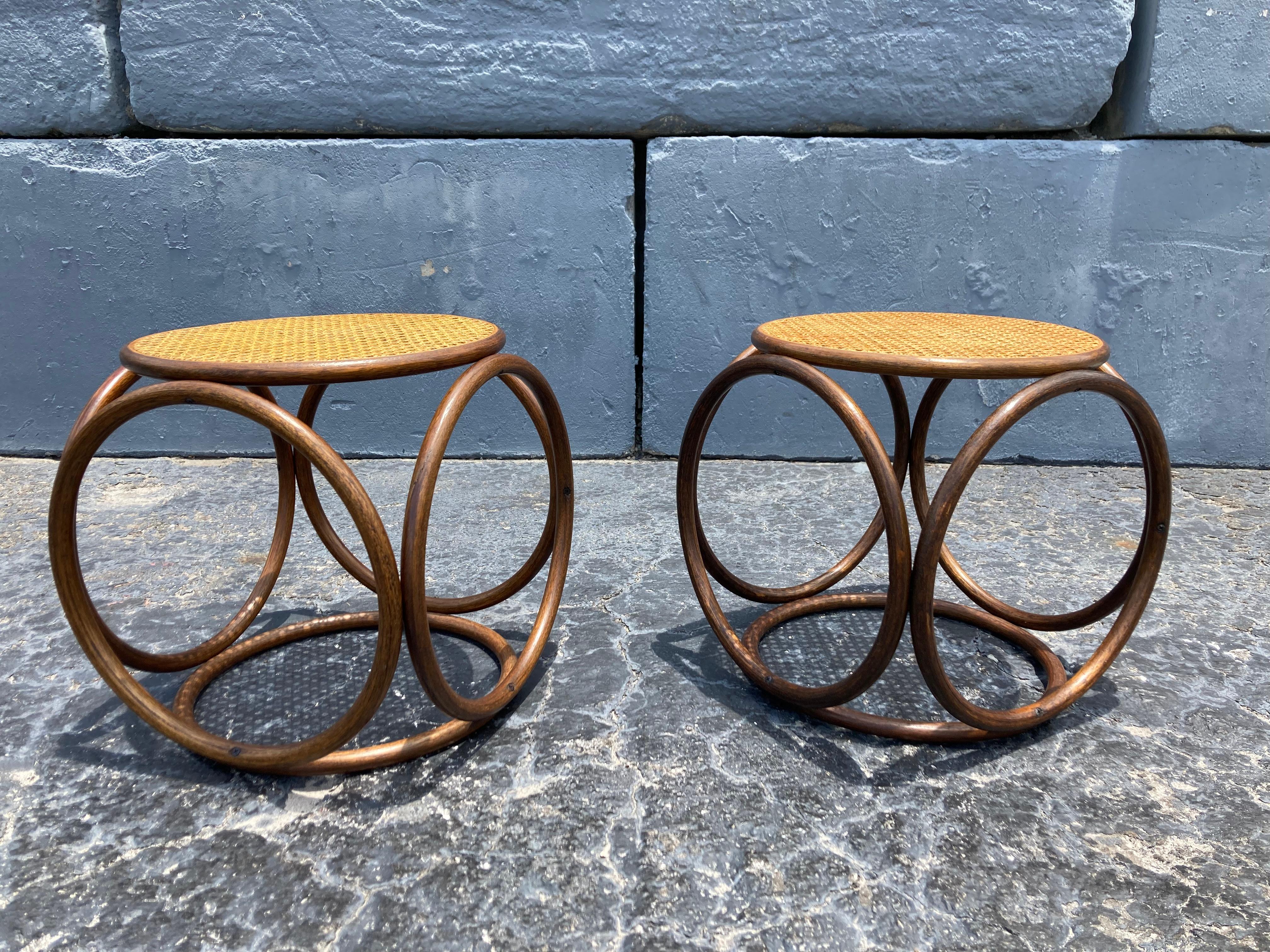 Pair of Michael Thonet Stools Ottomans, Side Tables Cane and Bentwood Brown 1