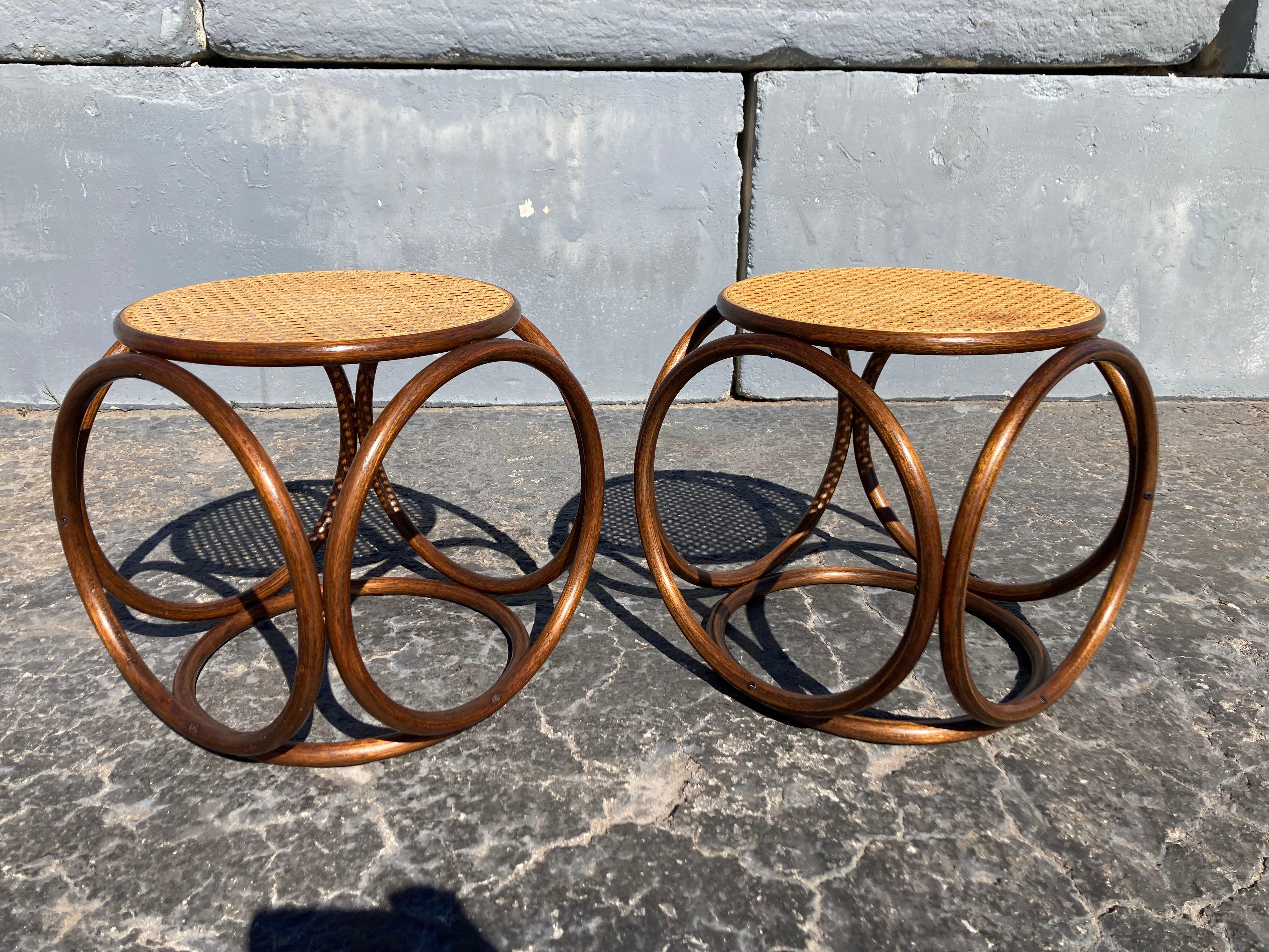 Pair of Stools Ottomans, Side Tables Cane and Bentwood Brown 1