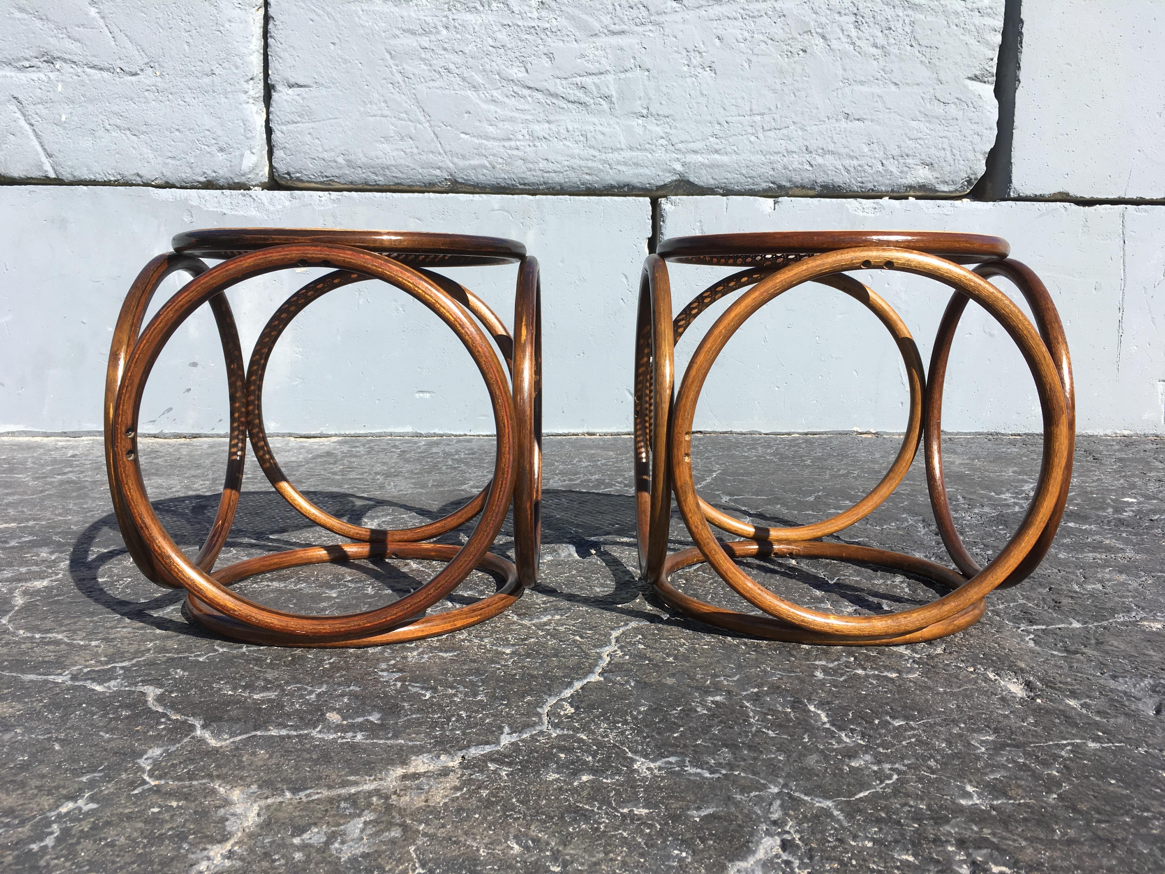 Pair of Michael Thonet Stools Ottomans, Side Tables Cane and Bentwood Brown 2