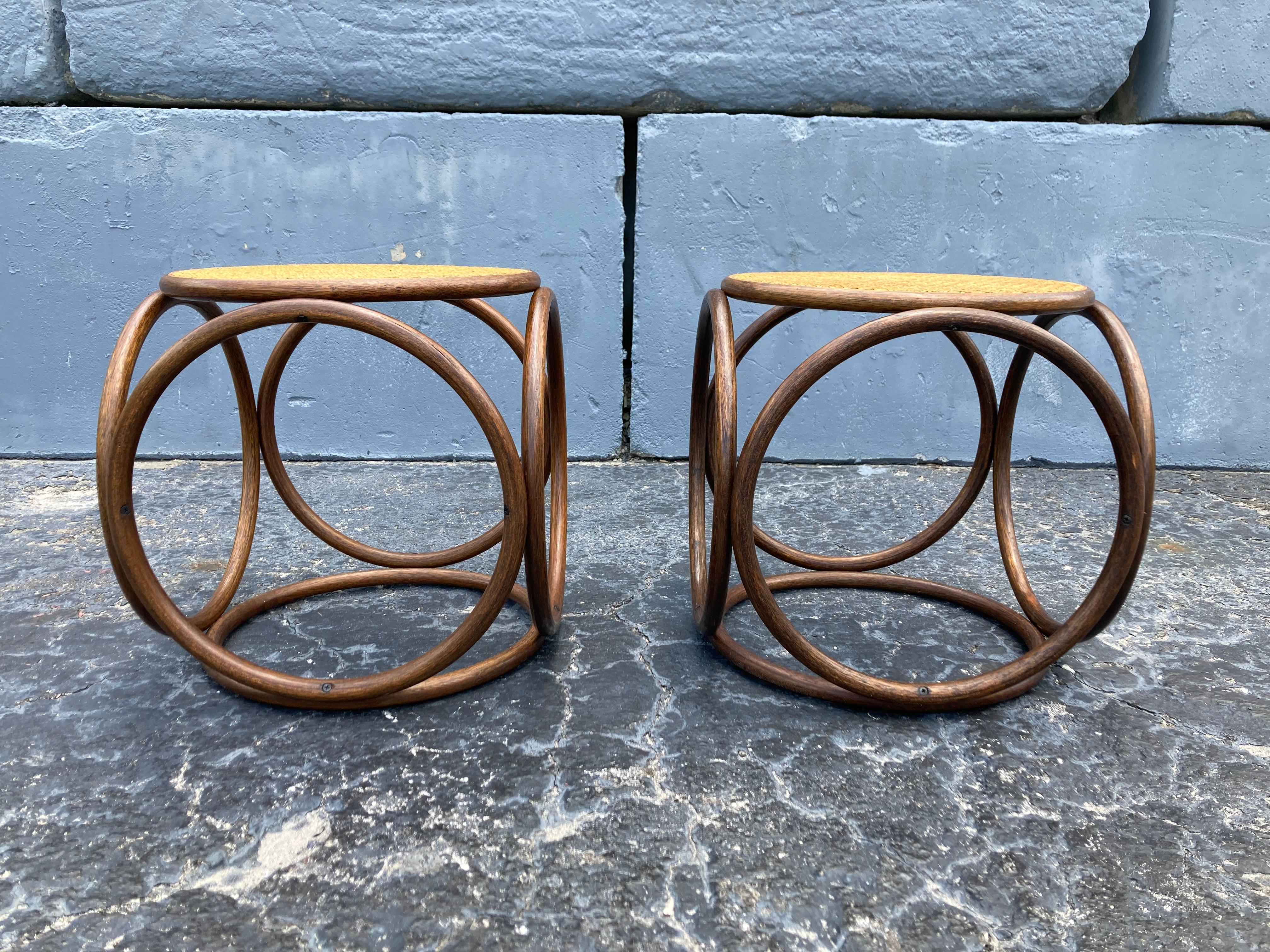 Pair of Michael Thonet Stools Ottomans, Side Tables Cane and Bentwood Brown 2