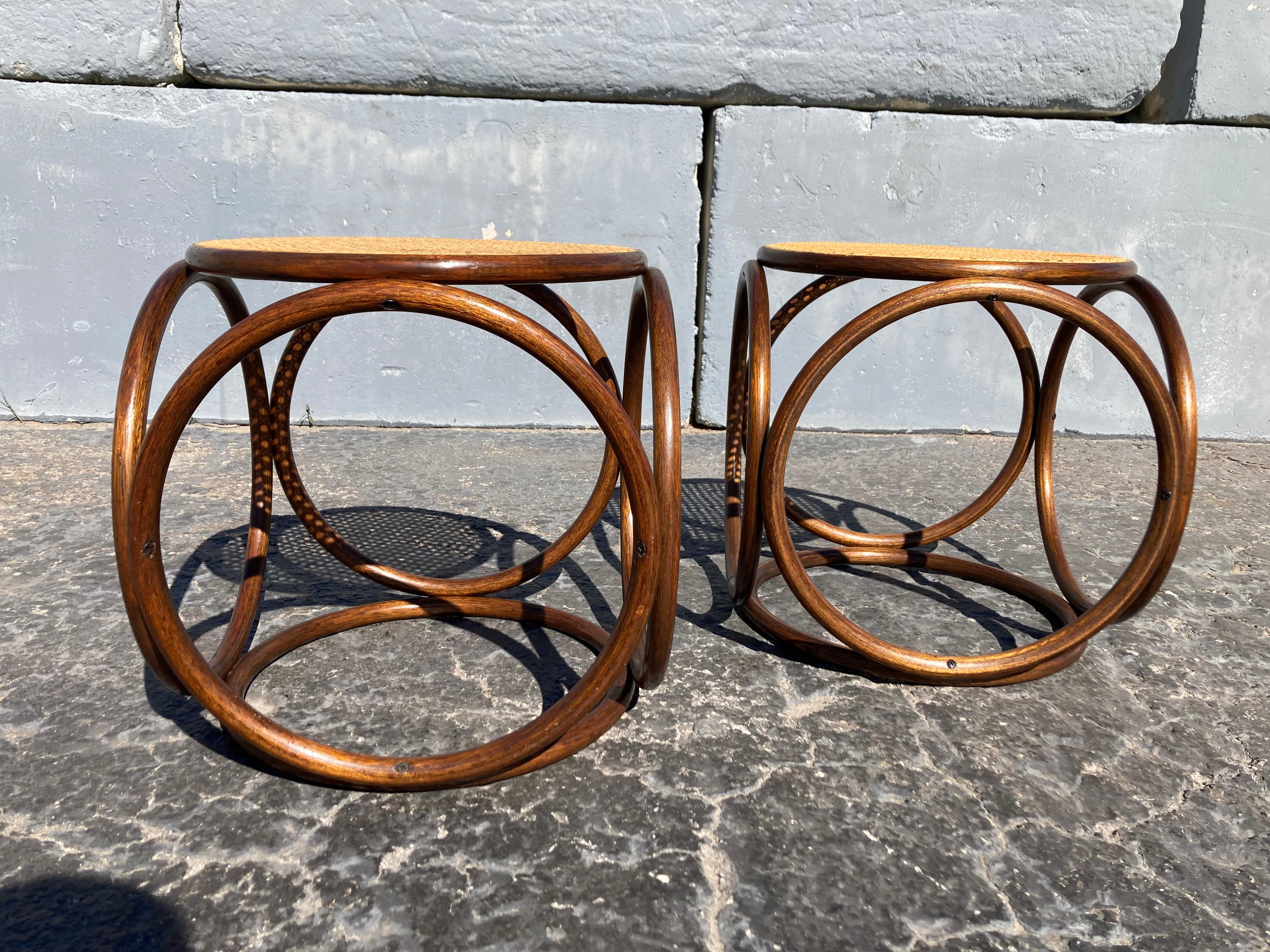 Pair of Stools Ottomans, Side Tables Cane and Bentwood Brown 2