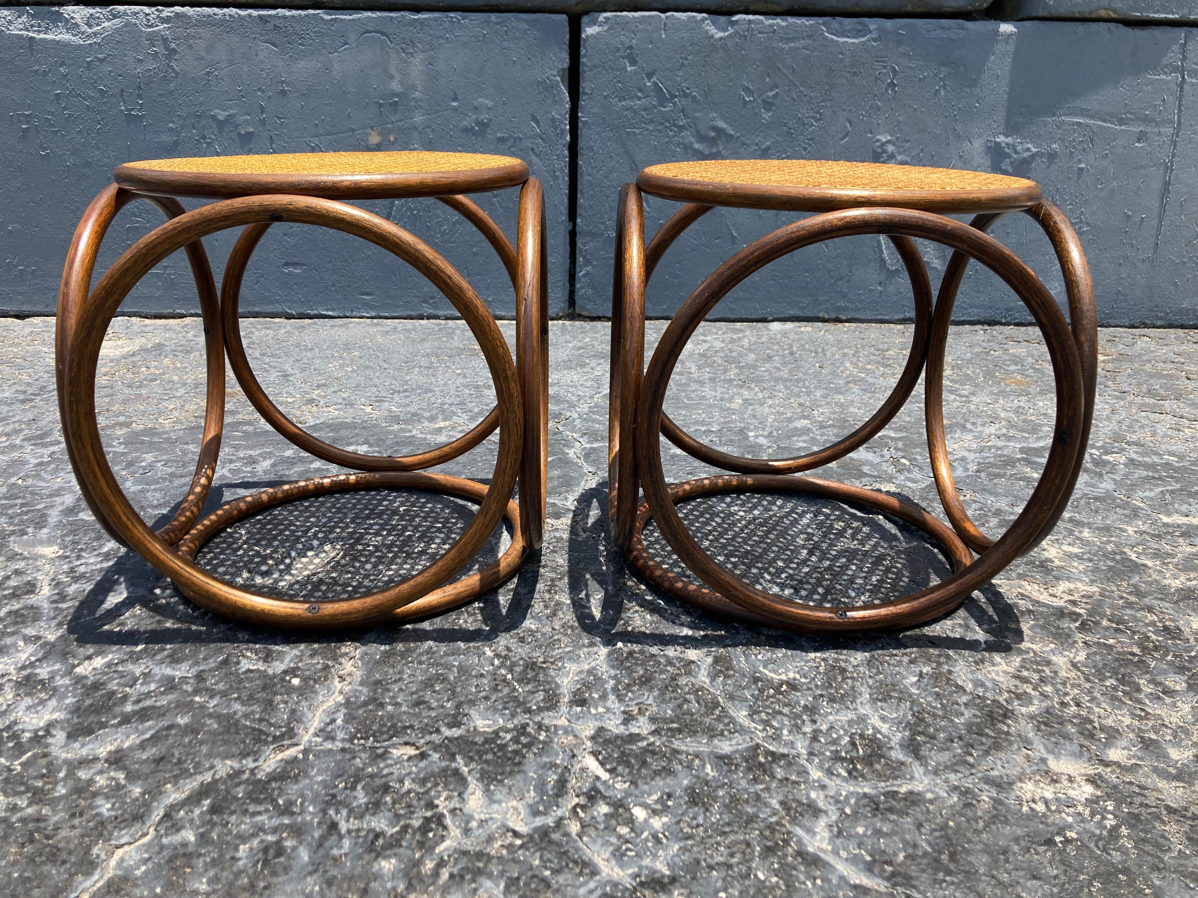 Pair of Michael Thonet Stools Ottomans, Side Tables Cane and Bentwood Brown 3