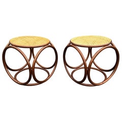 Pair of Michael Thonet Stools Ottomans, Side Tables Cane and Bentwood Brown