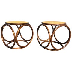 Pair of Michael Thonet Stools Ottomans, Side Tables Cane and Bentwood Brown
