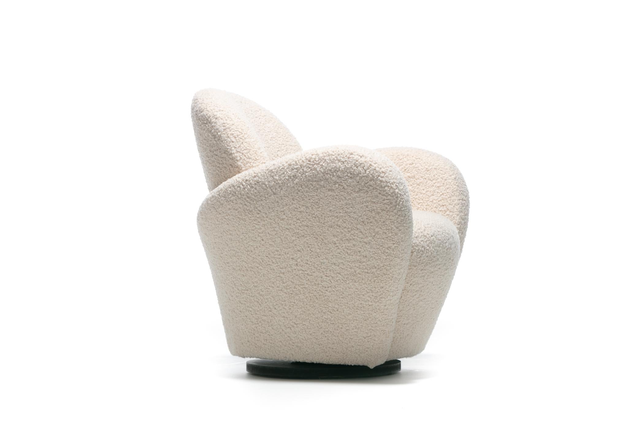 American Pair of Michael Wolk Swivel Lounge Chairs in Ivory Bouclé For Sale