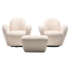 Pair of Michael Wolk Swivel Lounge Chairs in Ivory Bouclé with En-Suite Ottoman