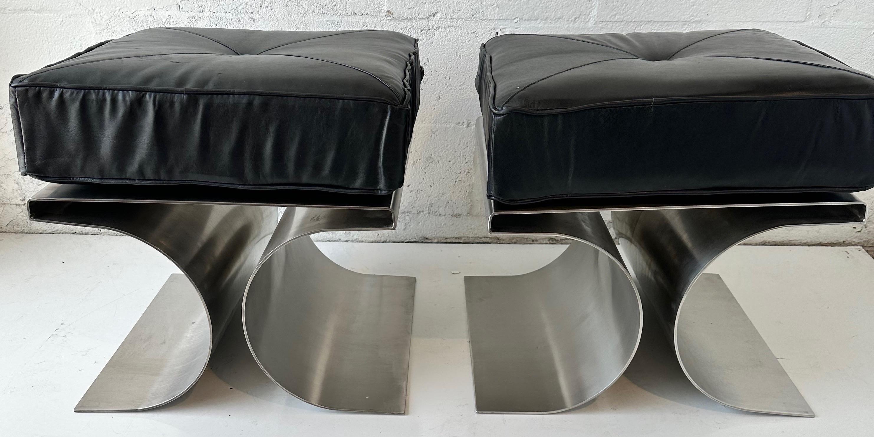 Pair of Michel Boyer style Stainless Steel and Black leather cushions with central button
X form, can be use as stool or side sofa without the cushions.