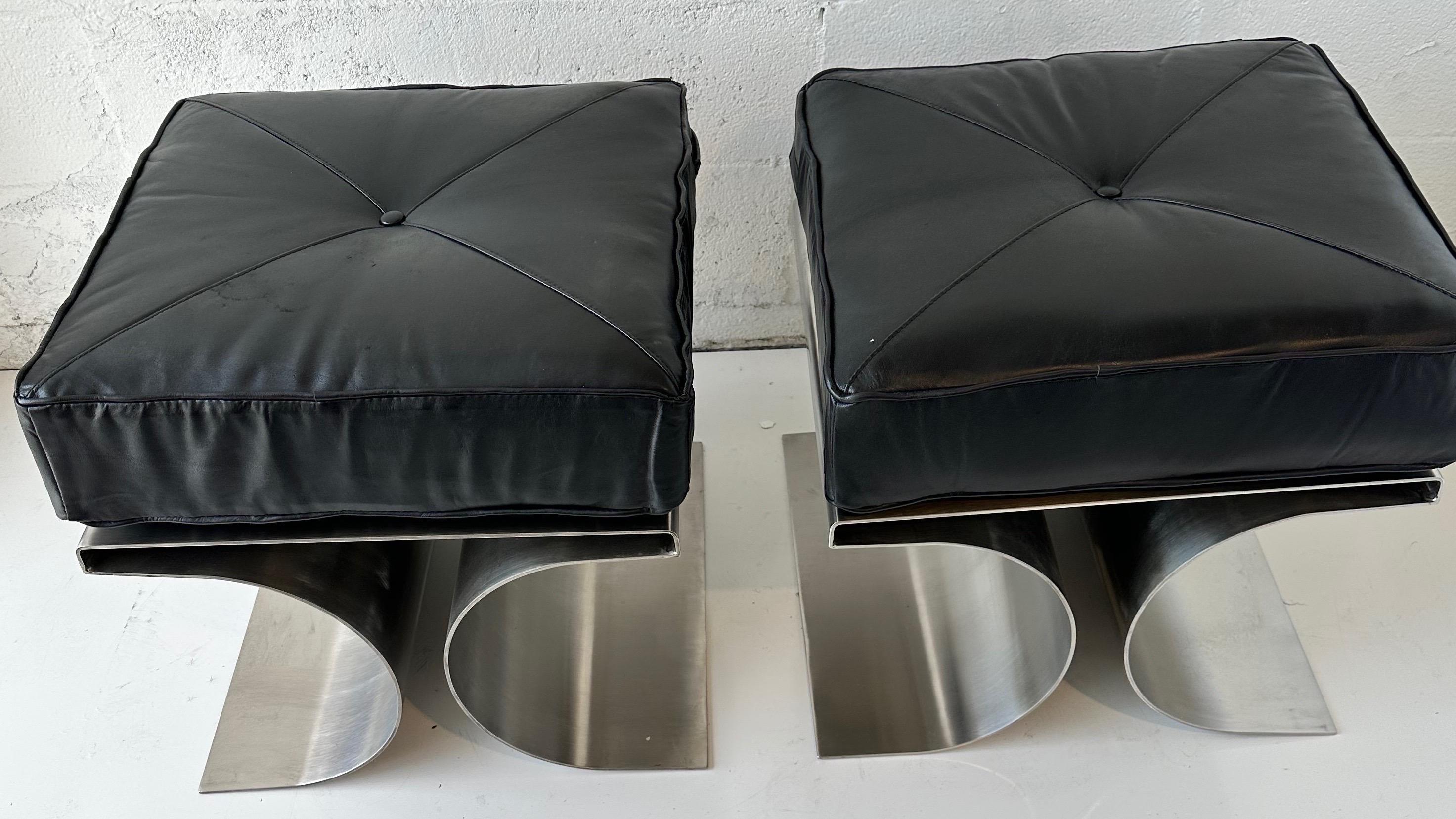 Mid-Century Modern Pair of Michel Boyer Style Stainless Steel Stools