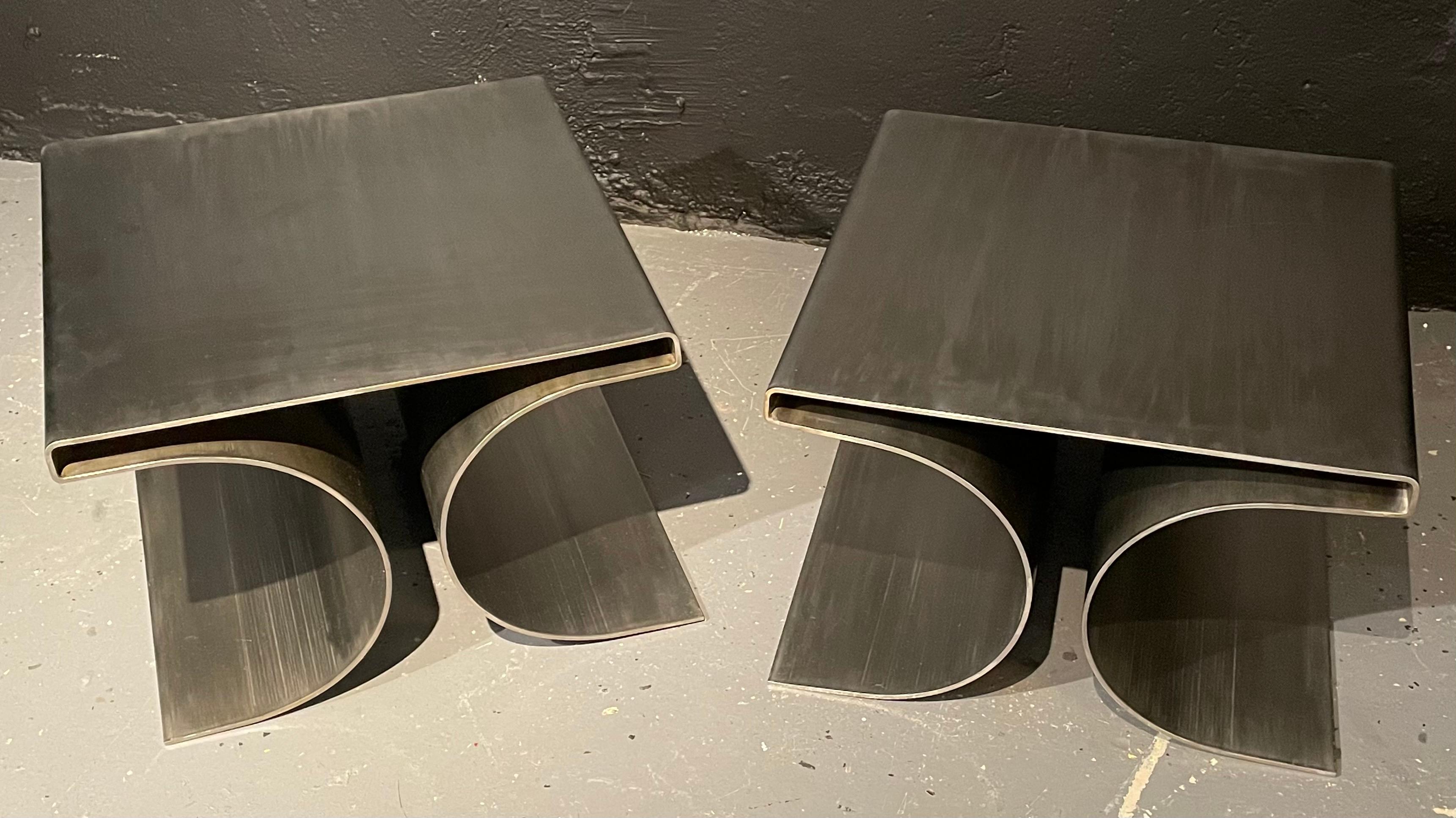 Cut Steel Pair of Michel Boyer Style 'X' Stools / Benches Rouve Edition MCM For Sale