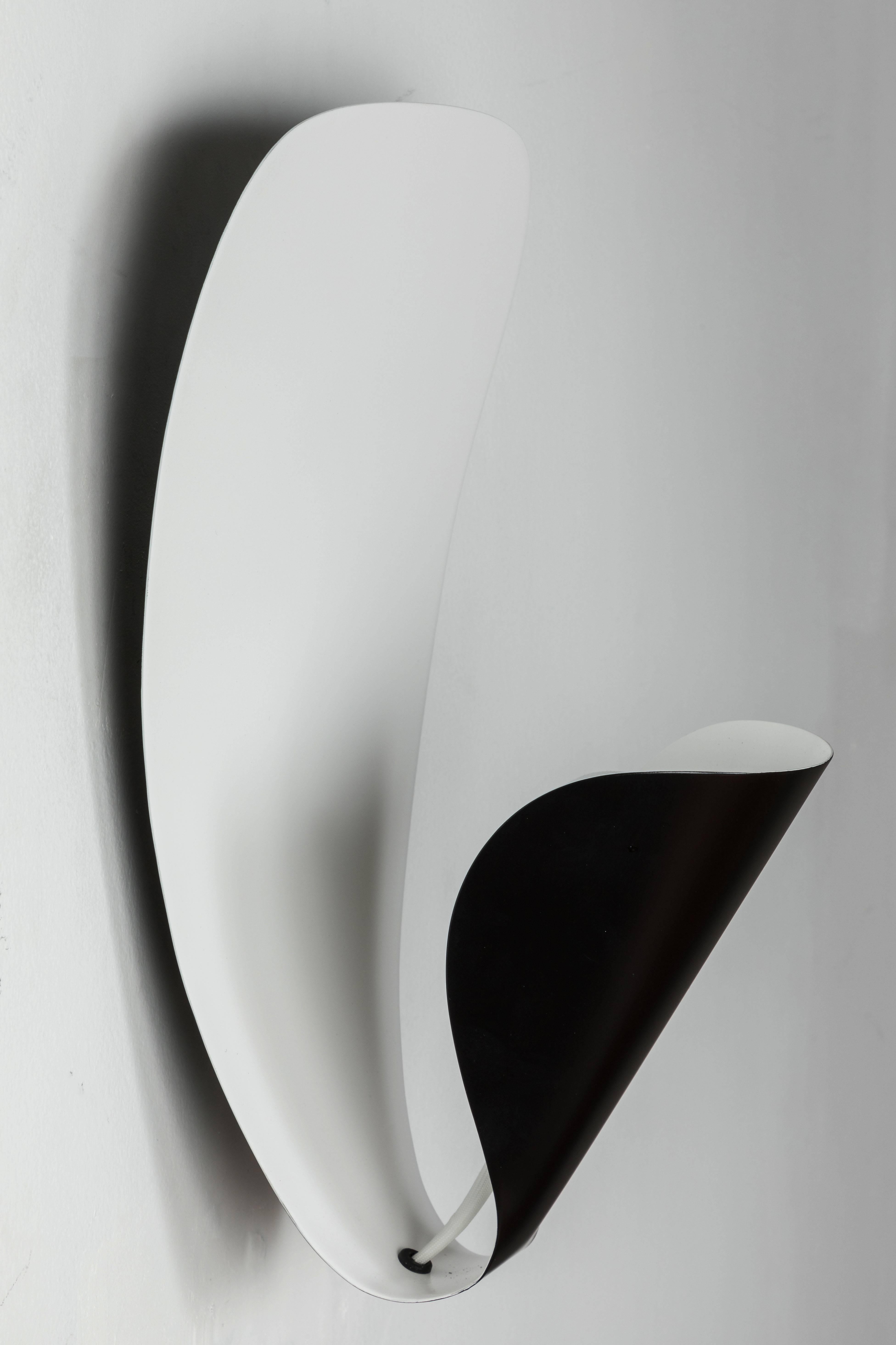 Lacquered Pair of Michel Buffet 'B206' Black and White Wall Lamps for Disderot For Sale