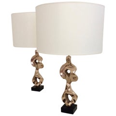 Pair of Michel Jaubert Sculptural Bronze Table Lamps, circa 1975, France