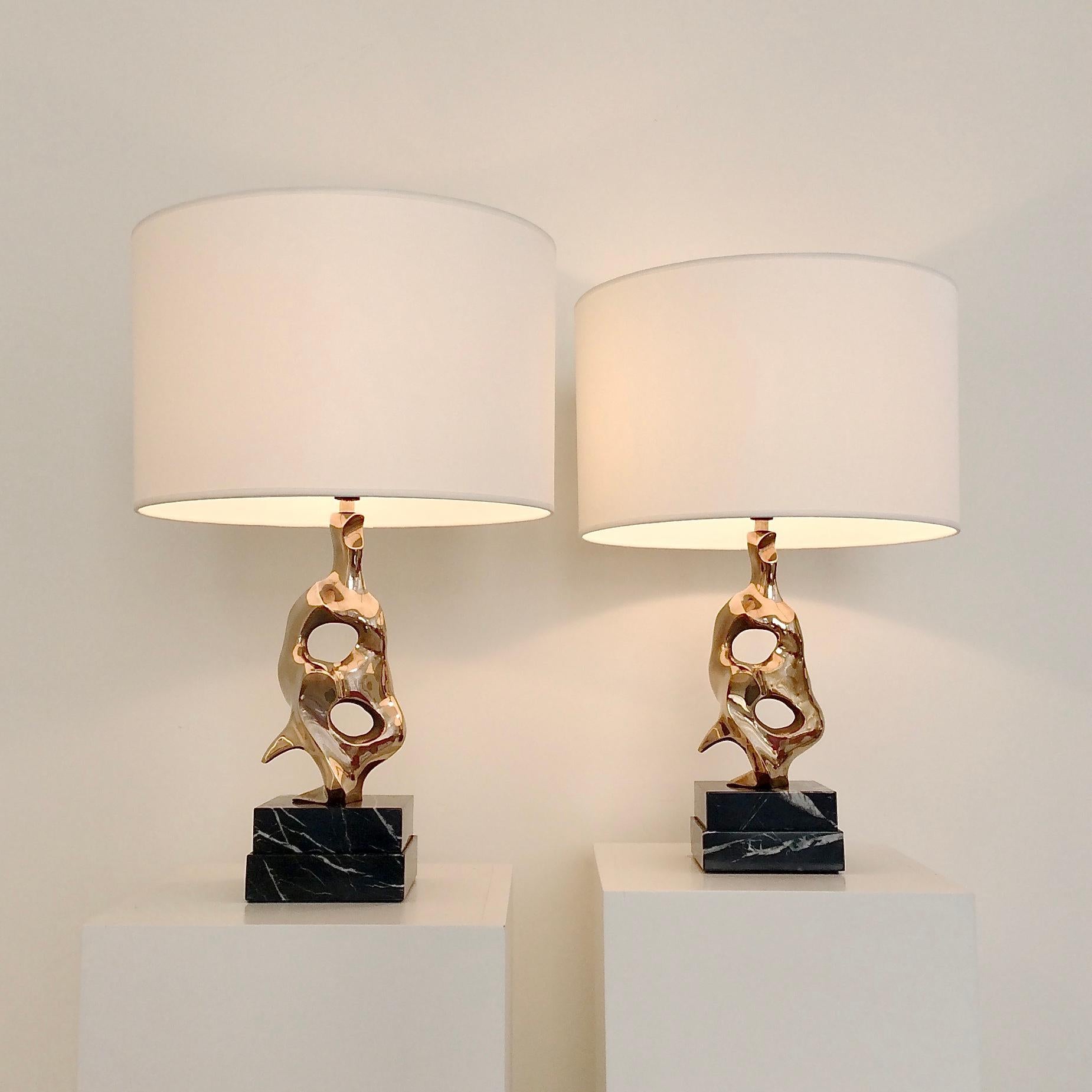 Pair of Michel Jaubert Sculptural Gold Bronze Table Lamps, circa 1975, France 5
