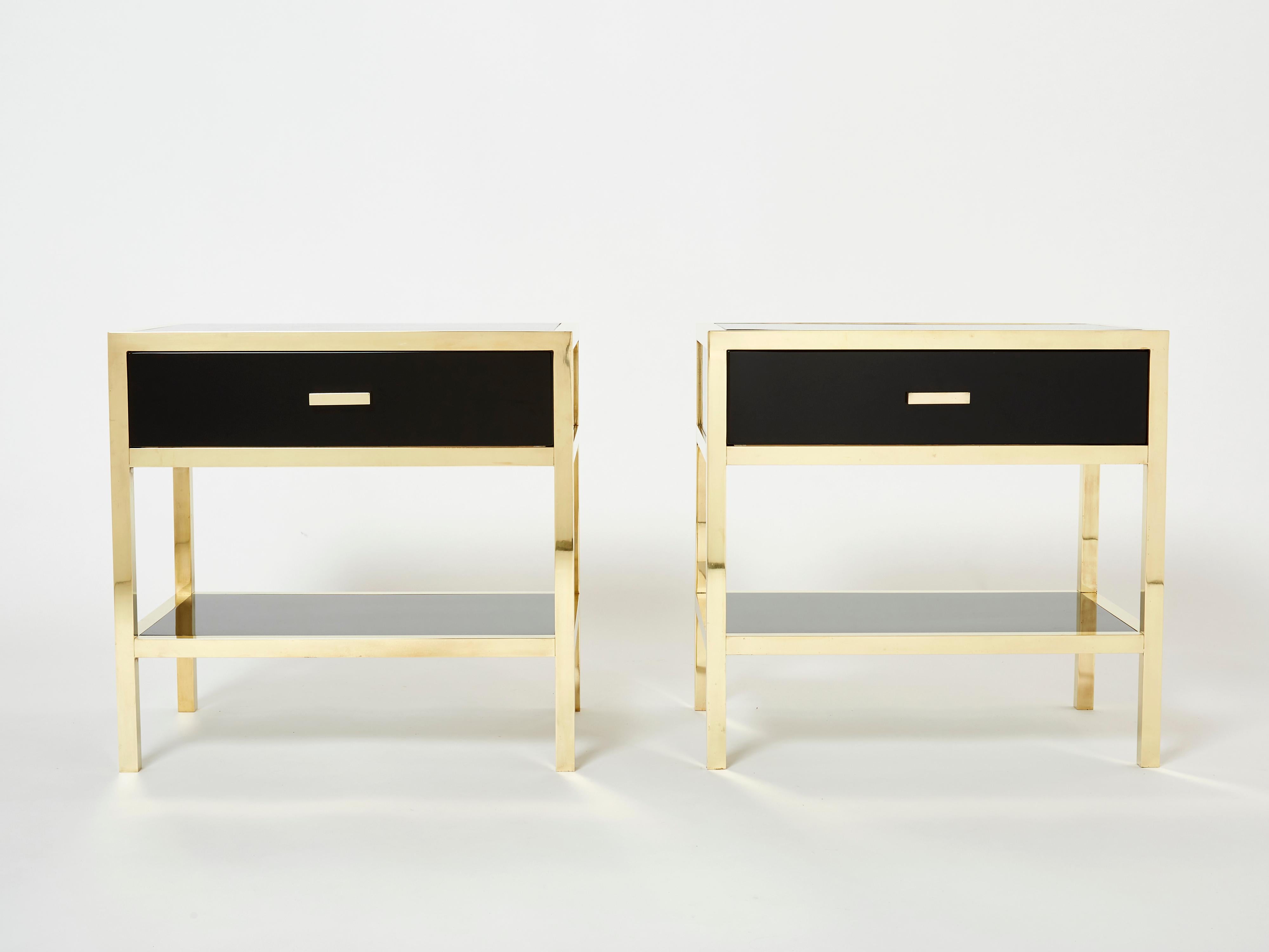 Pair of Michel Pigneres Black Lacquered Brass Nightstands Tables 1970s For Sale 3
