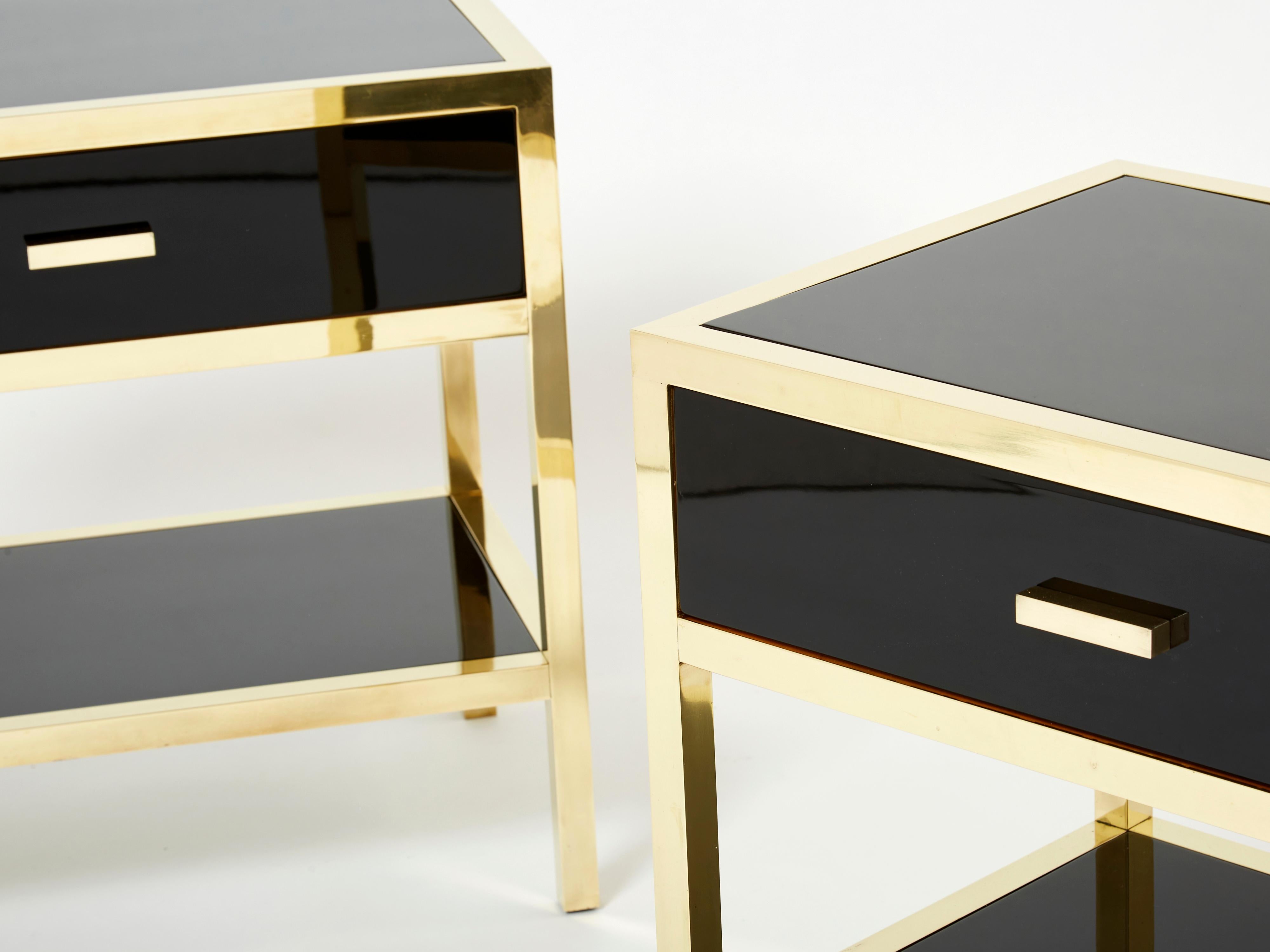 Pair of Michel Pigneres Black Lacquered Brass Nightstands Tables 1970s For Sale 4