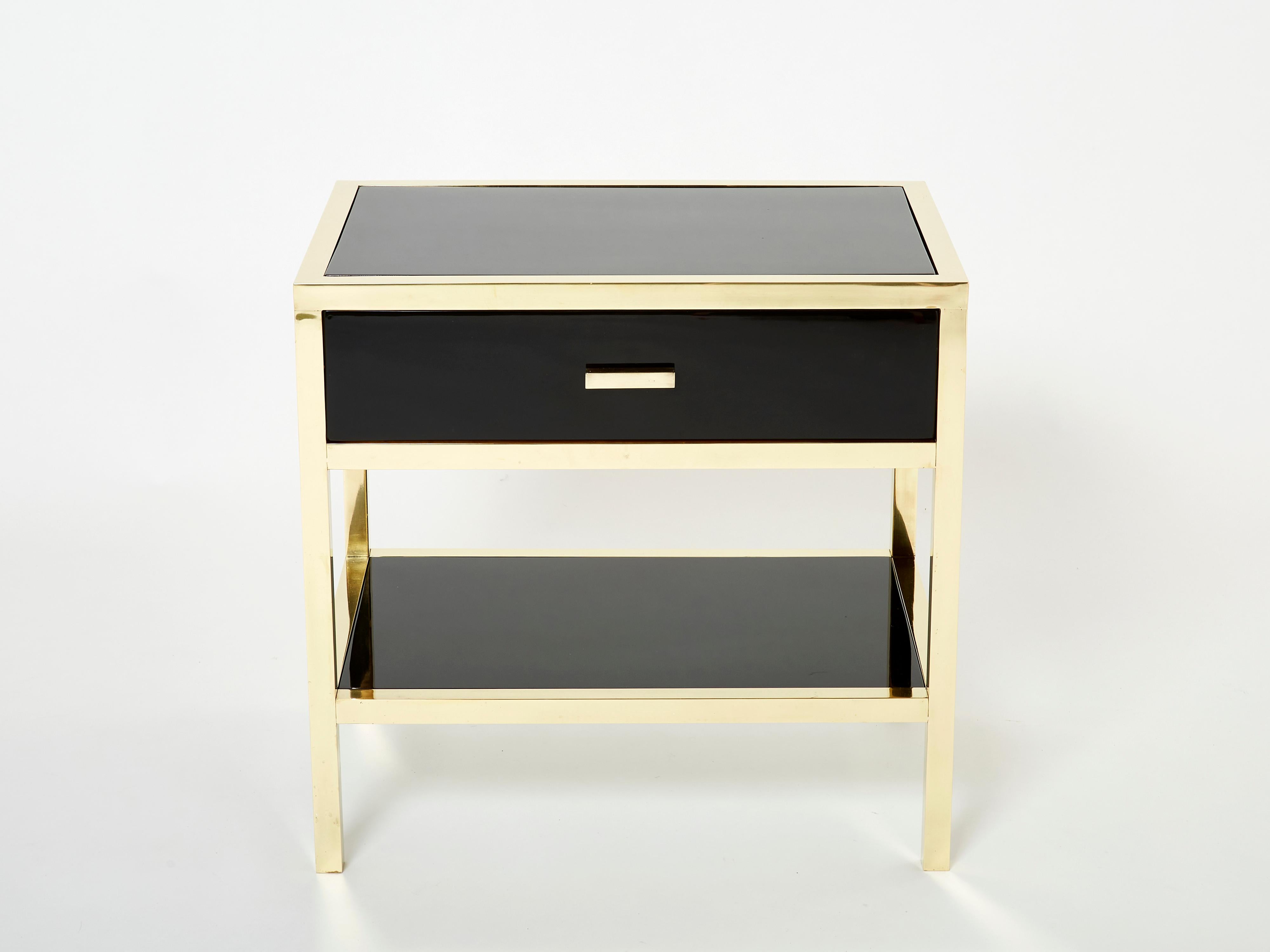 Pair of Michel Pigneres Black Lacquered Brass Nightstands Tables 1970s For Sale 5