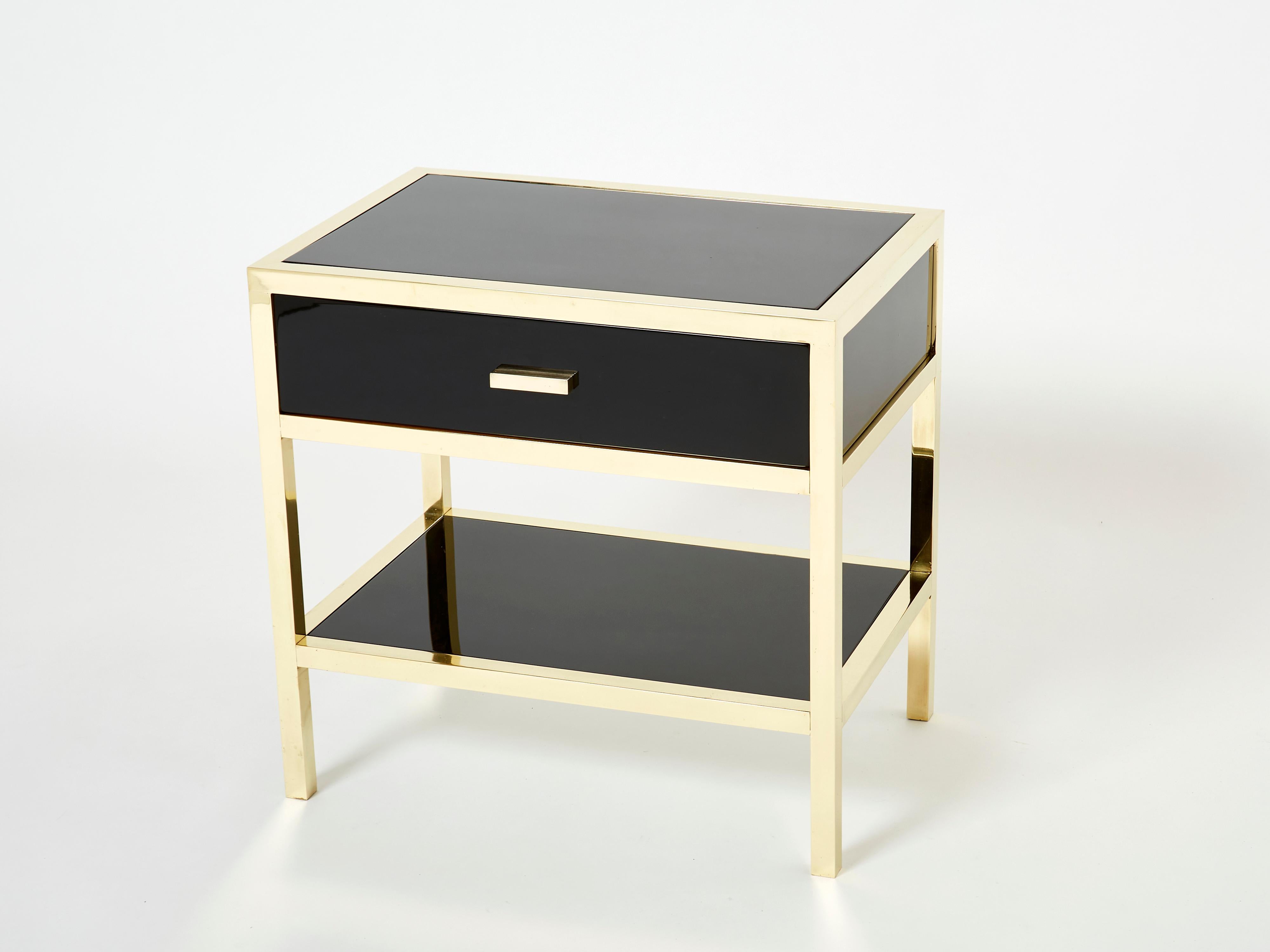 Pair of Michel Pigneres Black Lacquered Brass Nightstands Tables 1970s For Sale 6