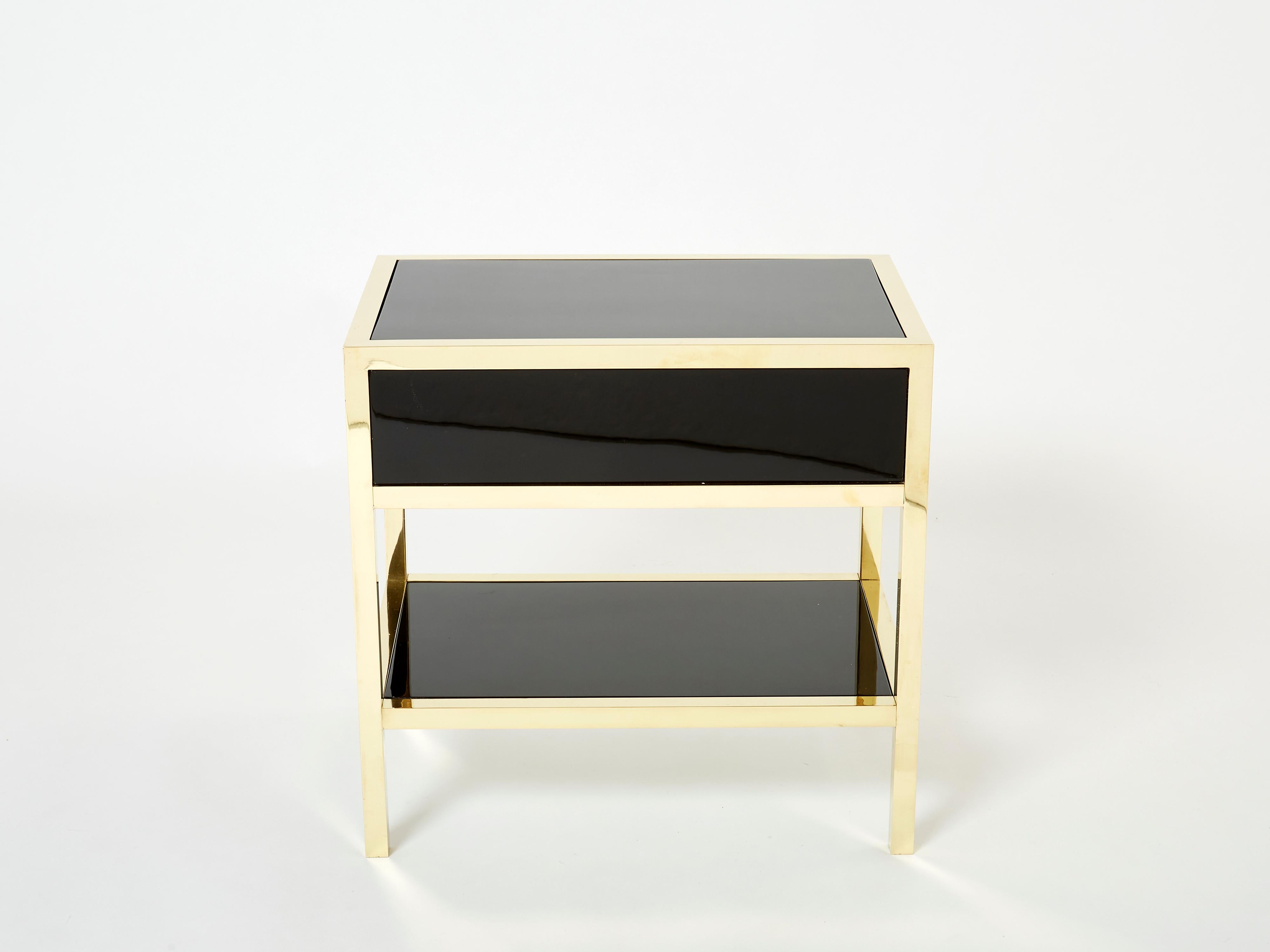 Pair of Michel Pigneres Black Lacquered Brass Nightstands Tables 1970s For Sale 7