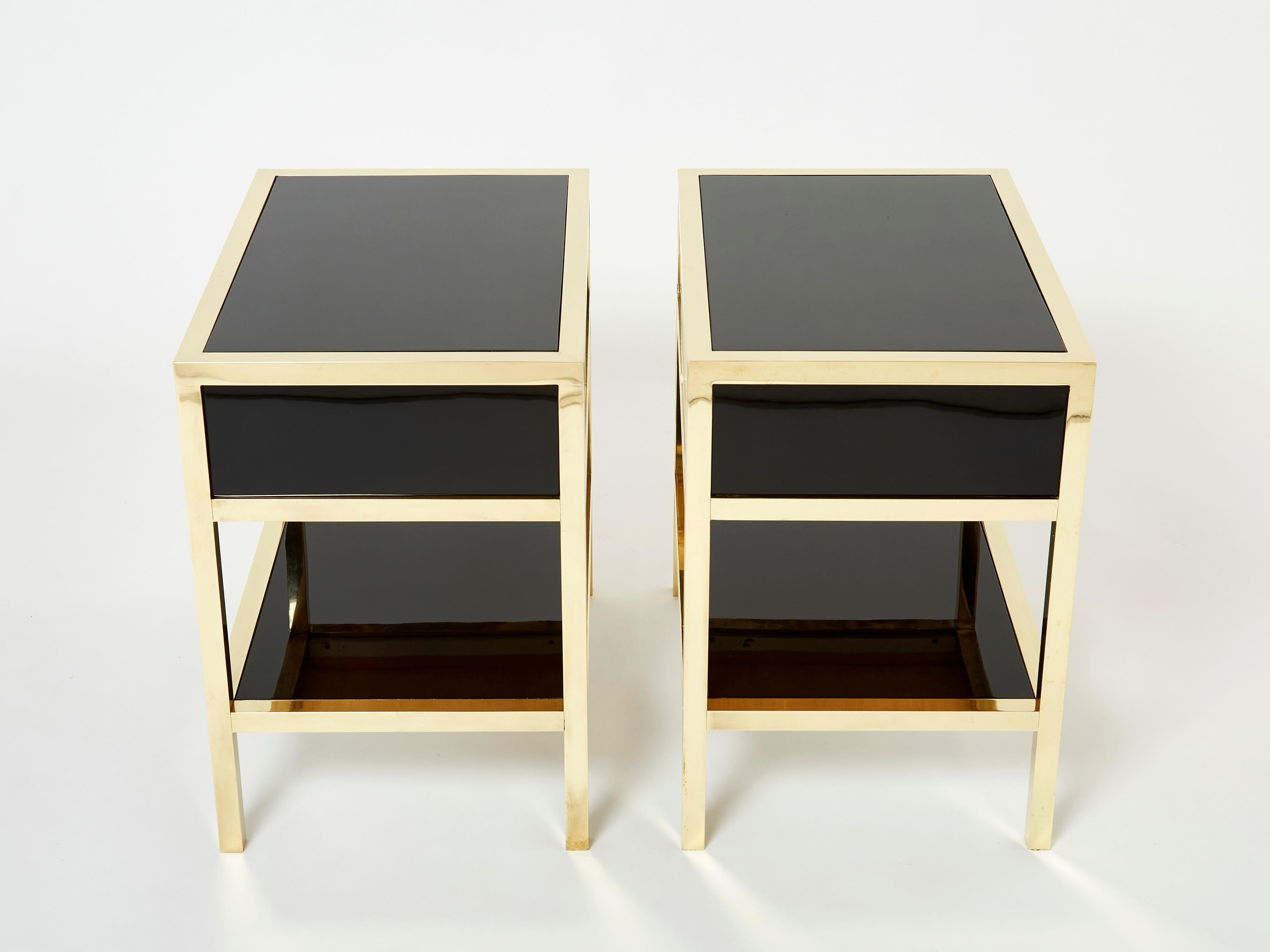 Pair of Michel Pigneres Black Lacquered Brass Nightstands Tables 1970s In Good Condition For Sale In Paris, IDF