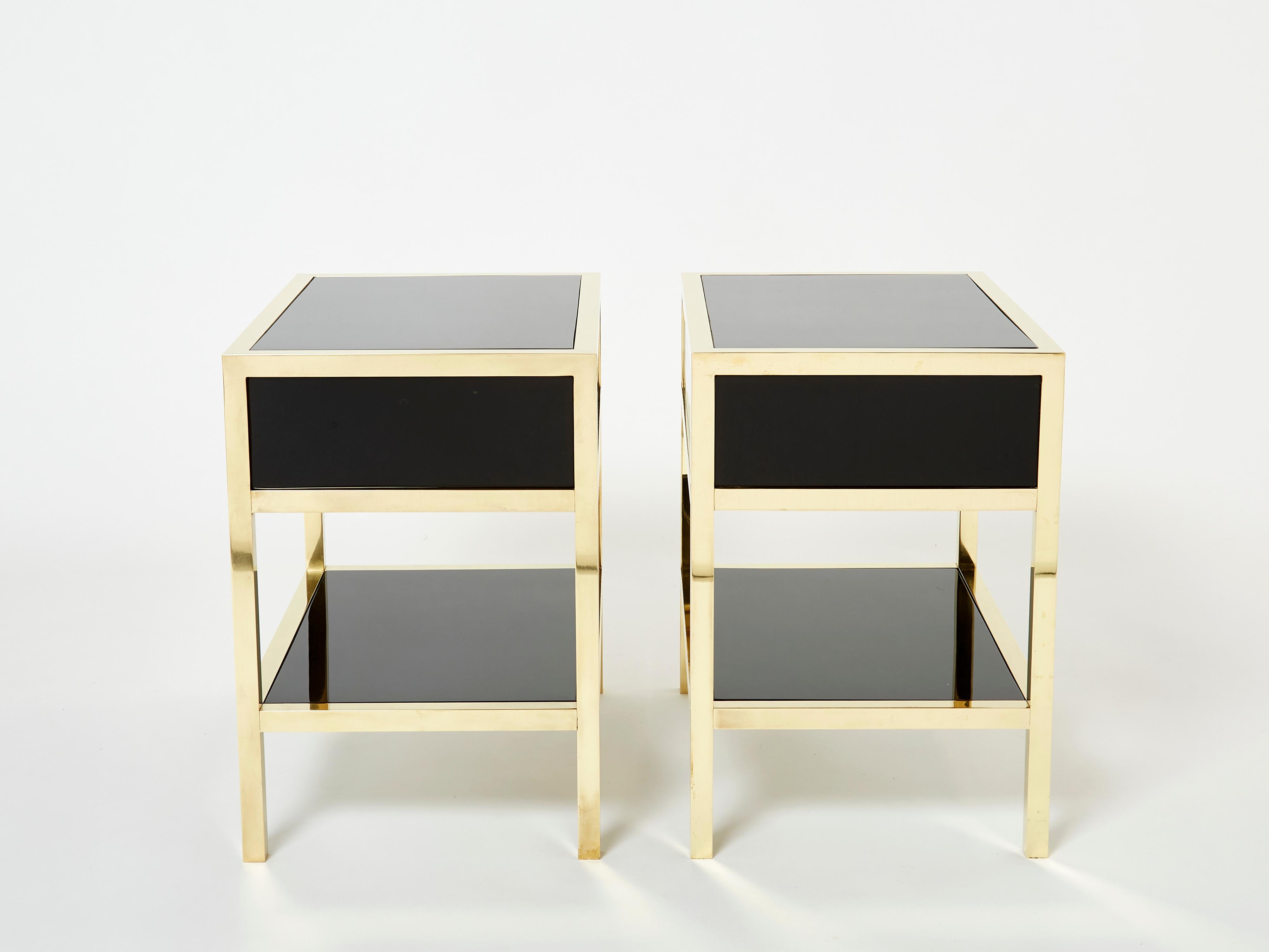 Pair of Michel Pigneres Black Lacquered Brass Nightstands Tables 1970s For Sale 2