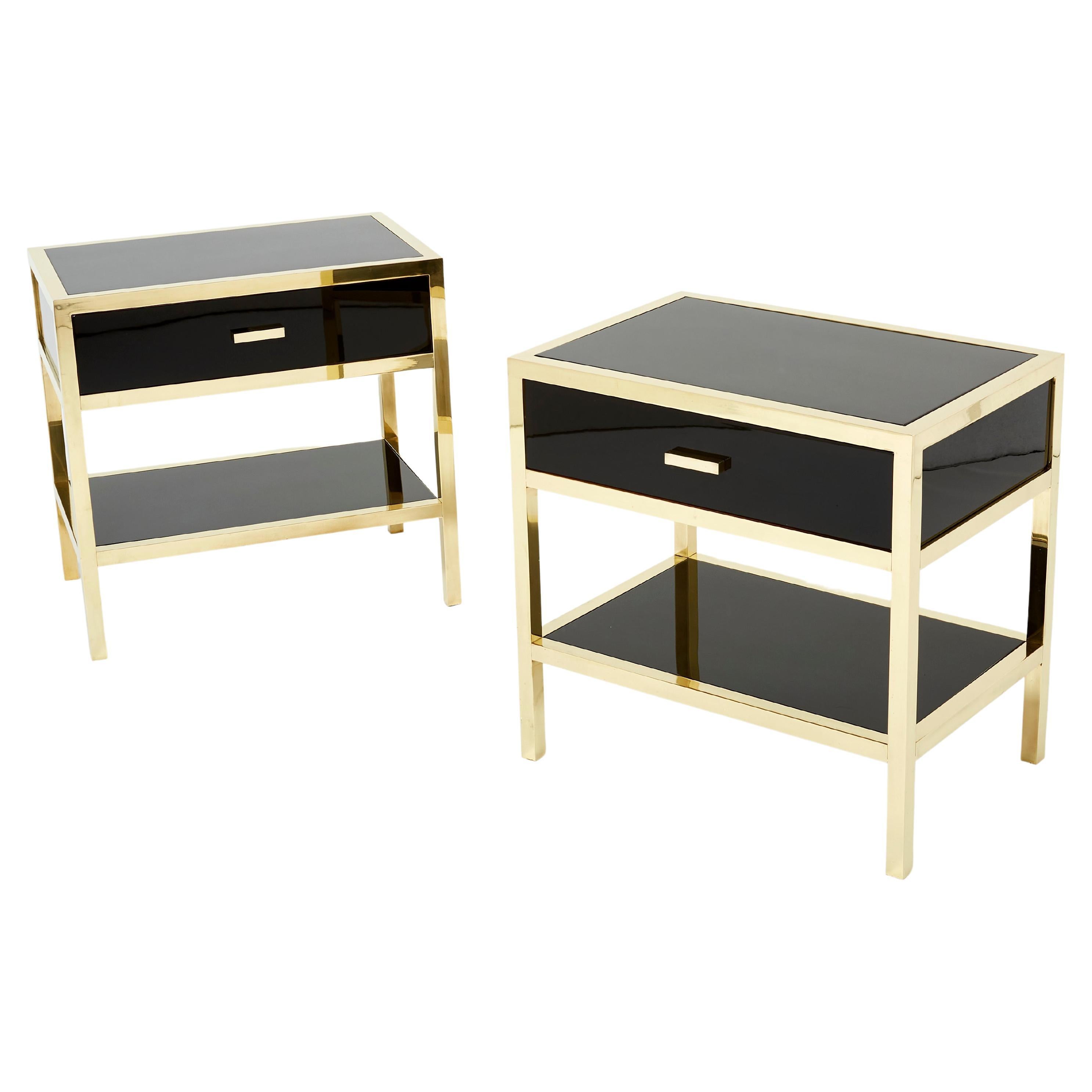 Pair of Michel Pigneres Black Lacquered Brass Nightstands Tables 1970s For Sale