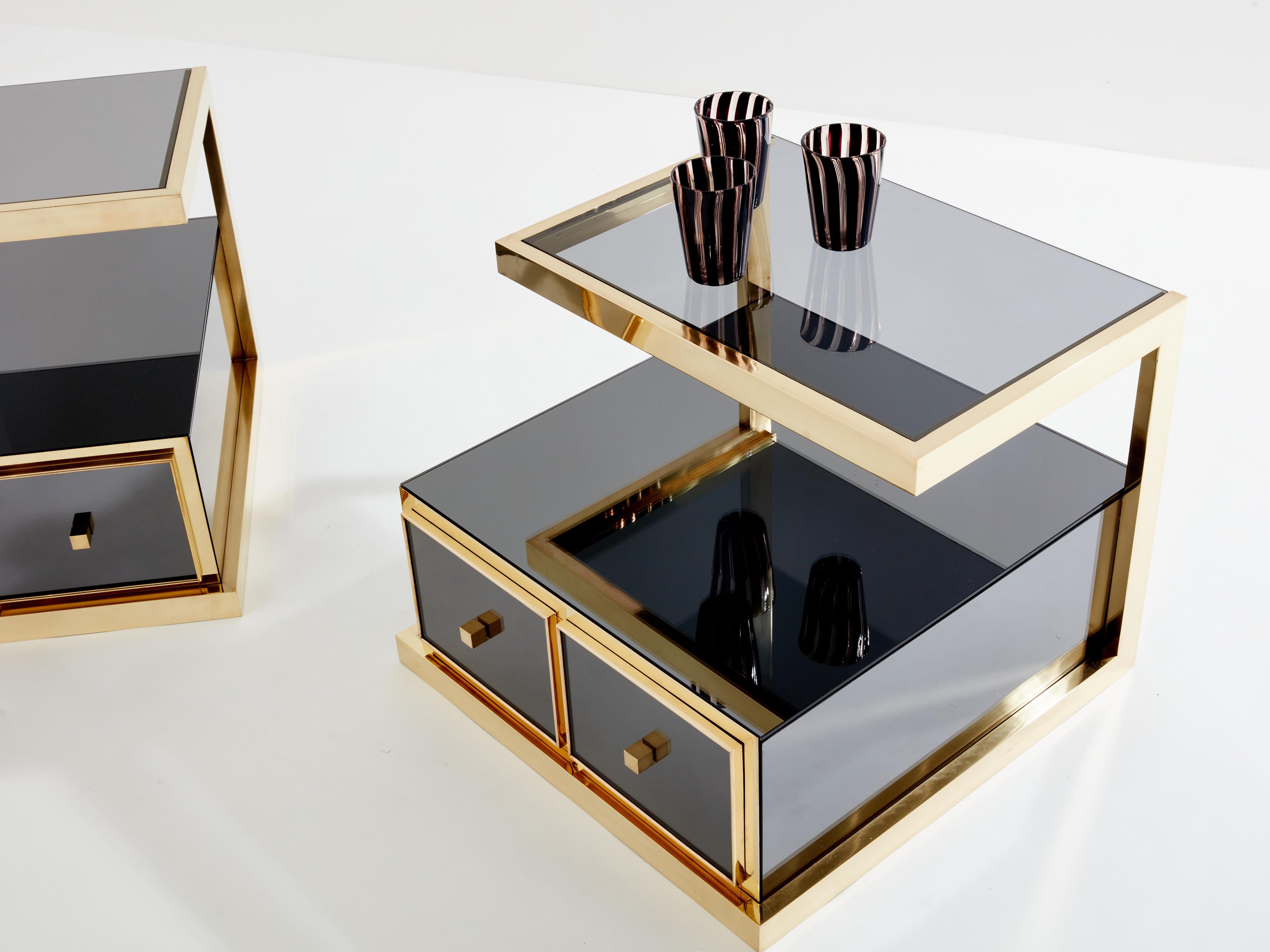 Pair of Michel Pigneres smoked mirrored and brass side tables 1970s For Sale 3