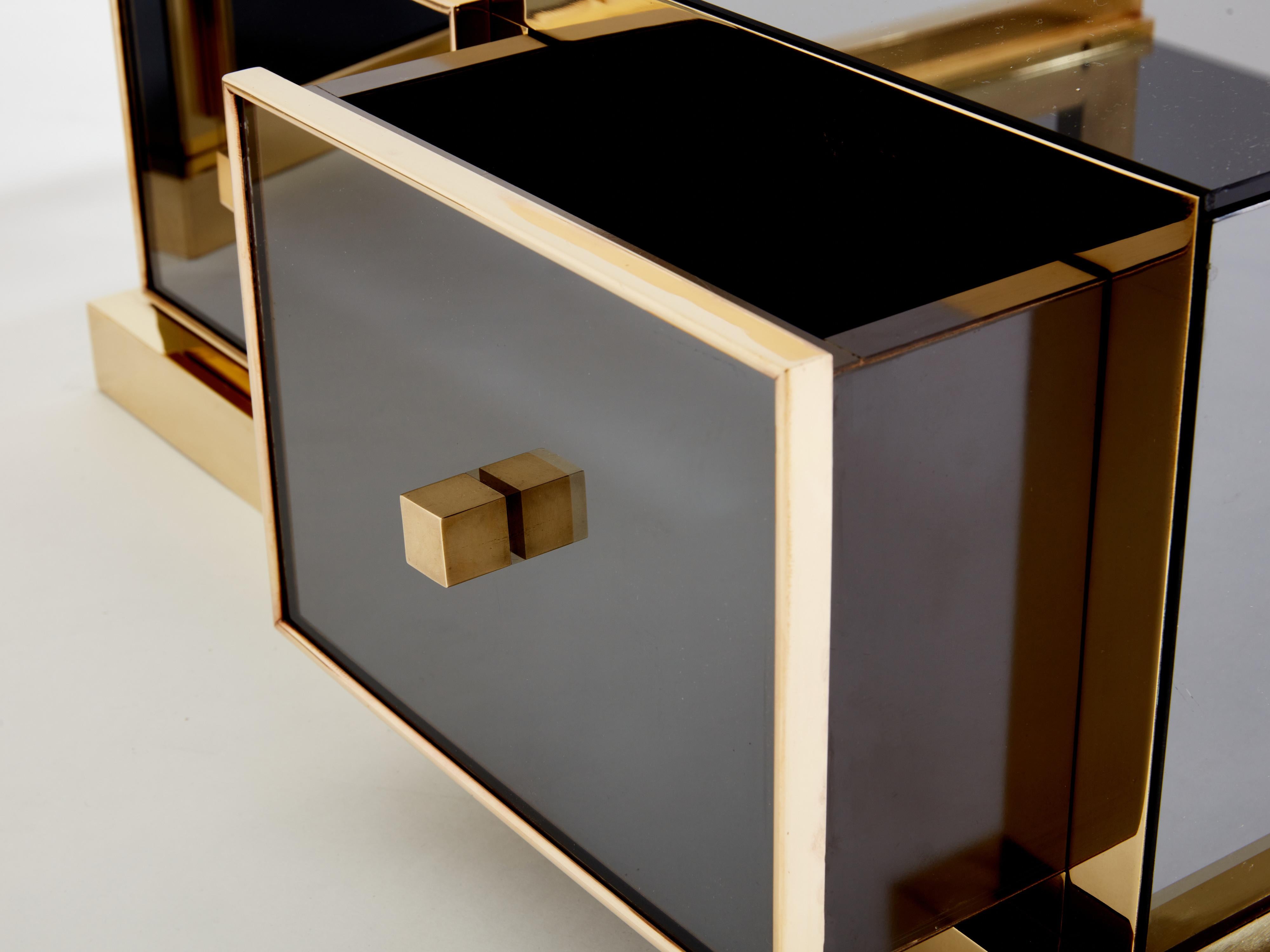 Pair of Michel Pigneres smoked mirrored and brass side tables 1970s For Sale 5