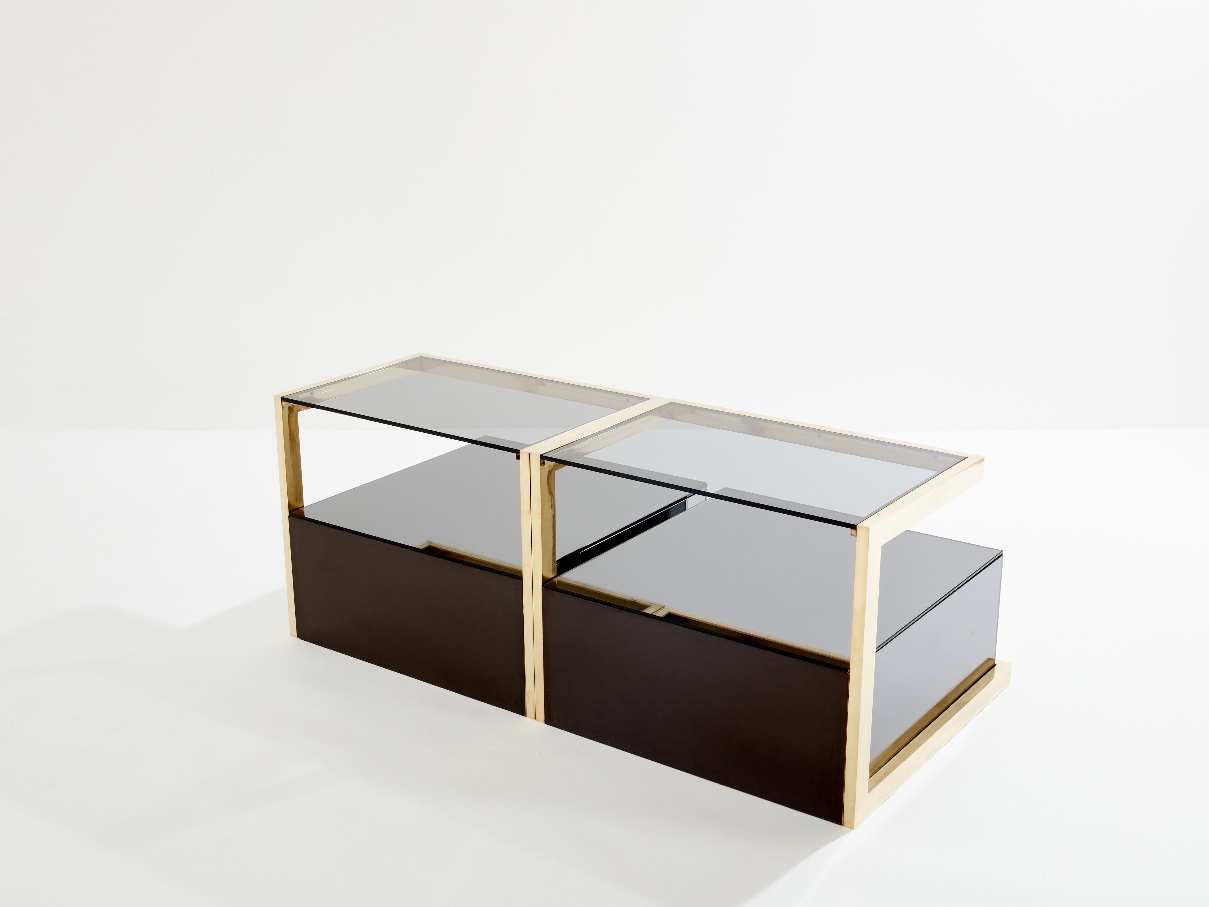 Pair of Michel Pigneres smoked mirrored and brass side tables 1970s For Sale 6
