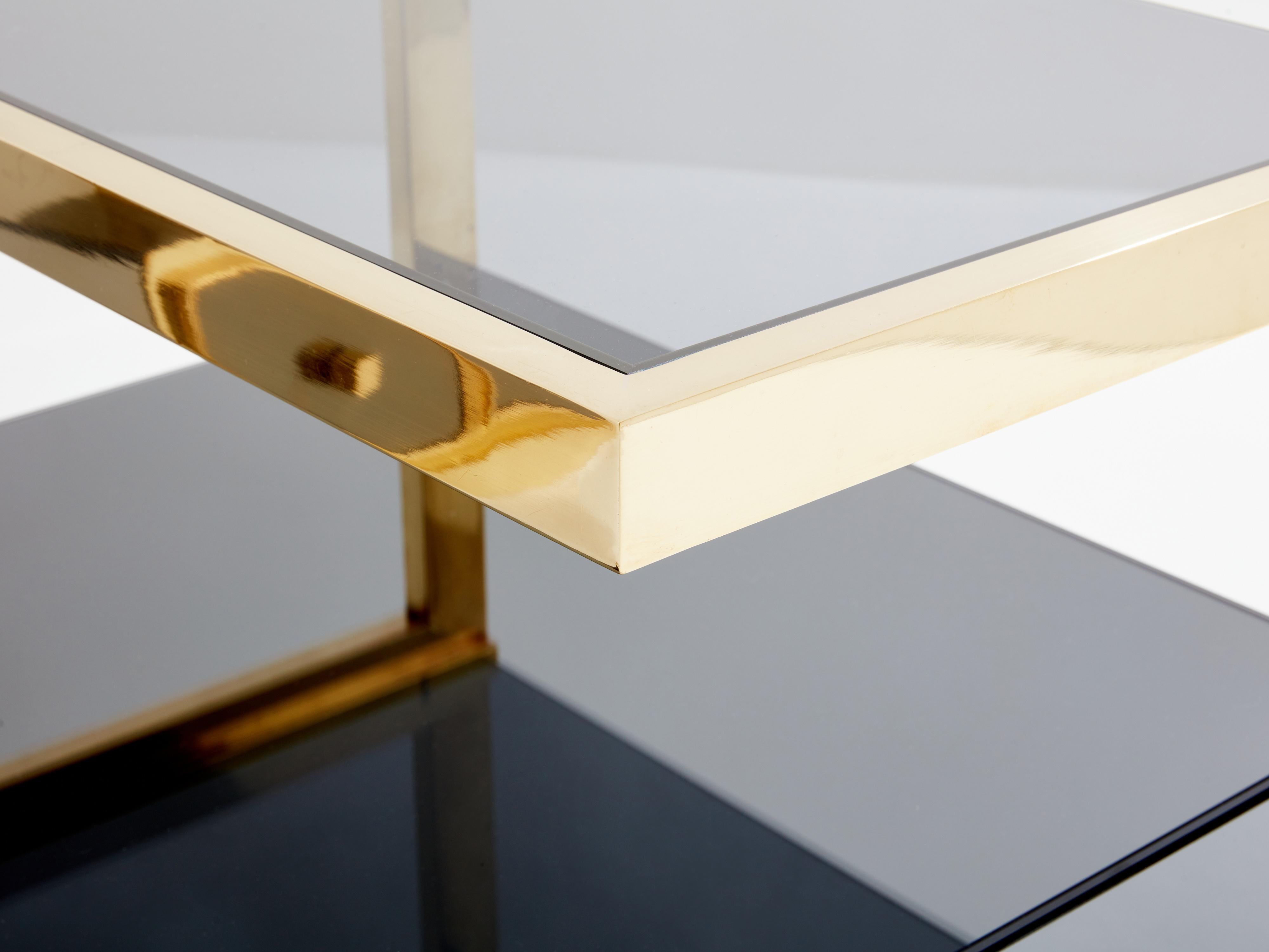 Pair of Michel Pigneres smoked mirrored and brass side tables 1970s For Sale 7