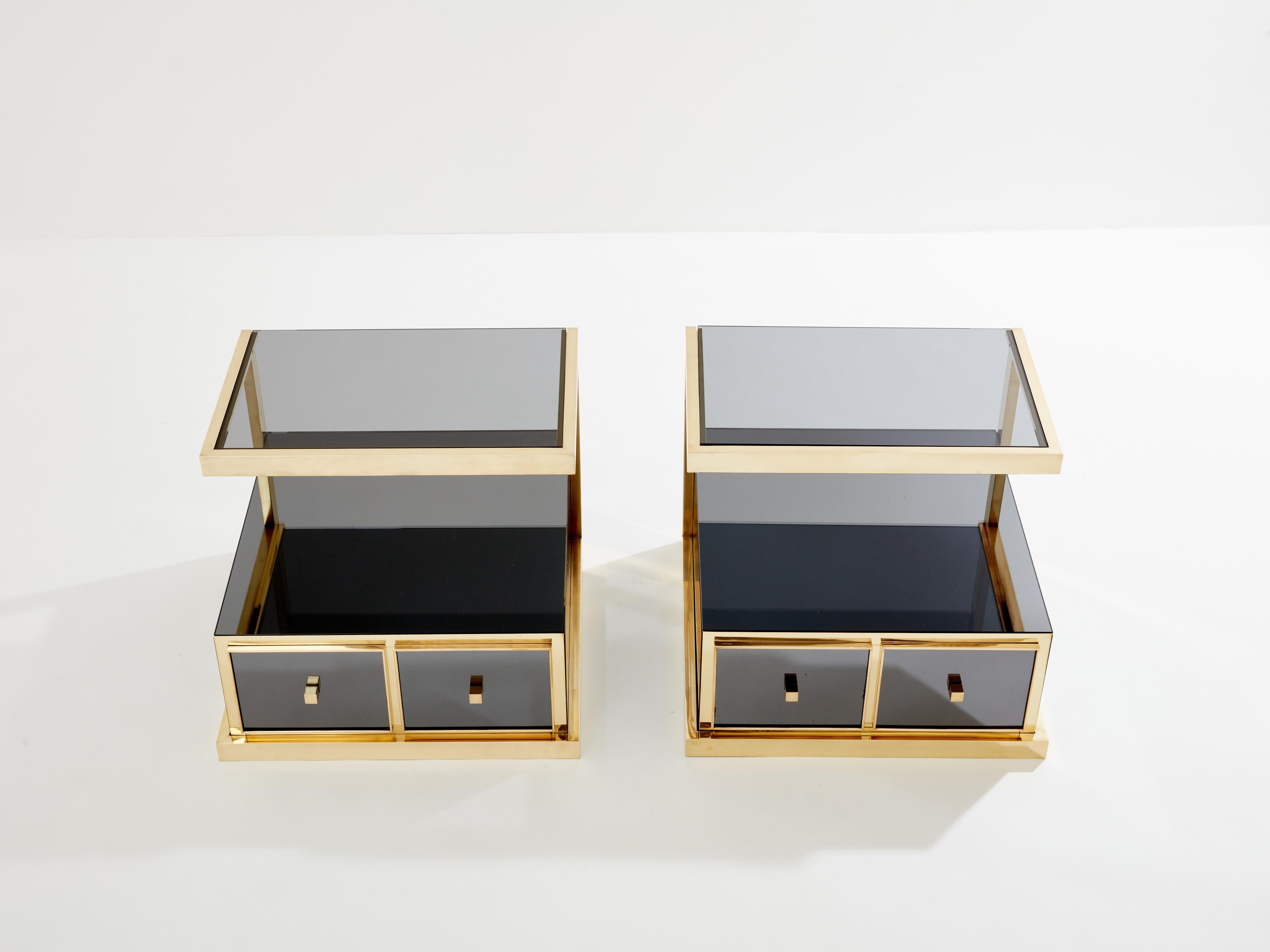 Mid-Century Modern Pair of Michel Pigneres smoked mirrored and brass side tables 1970s For Sale
