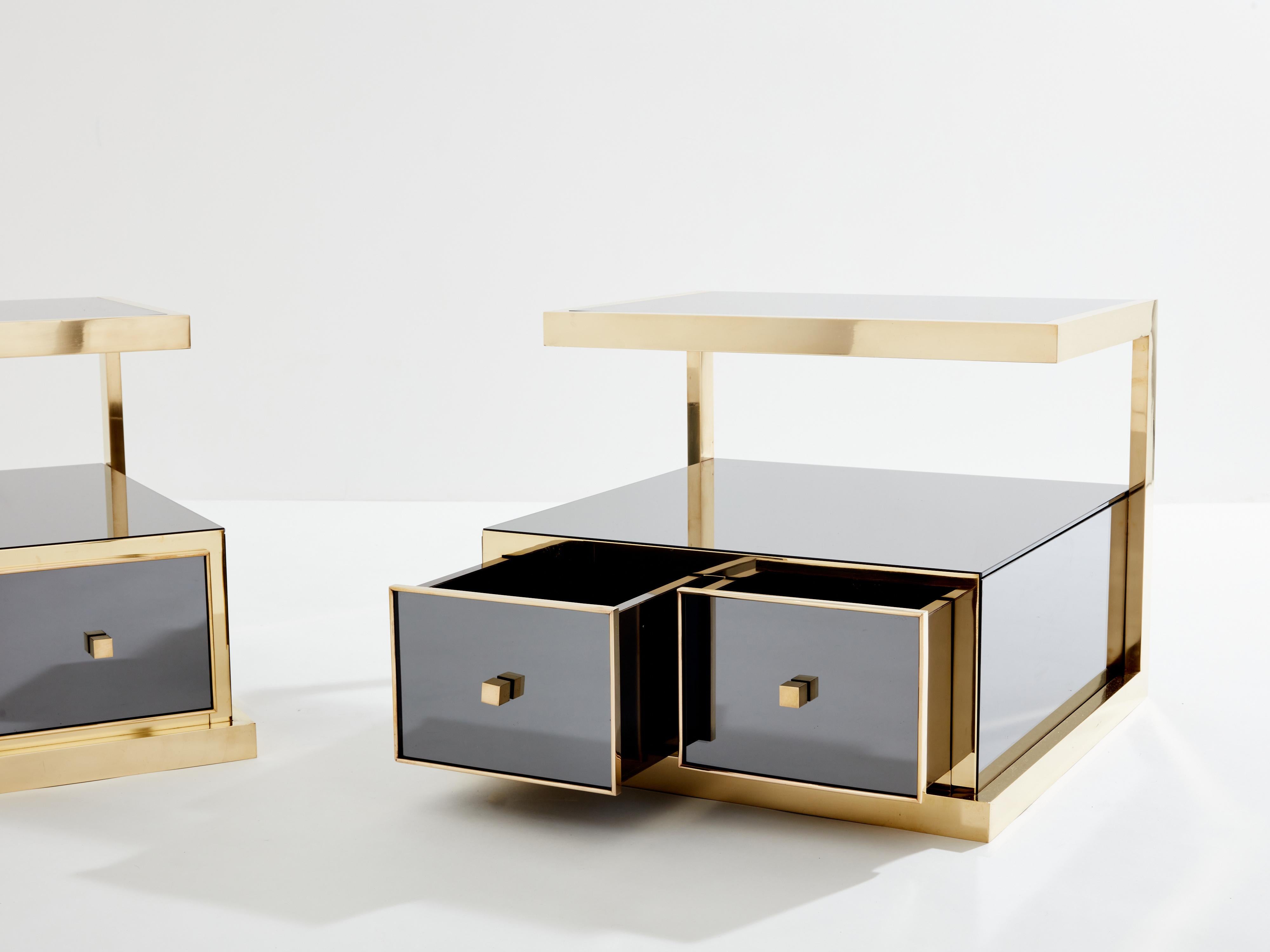 Late 20th Century Pair of Michel Pigneres smoked mirrored and brass side tables 1970s For Sale