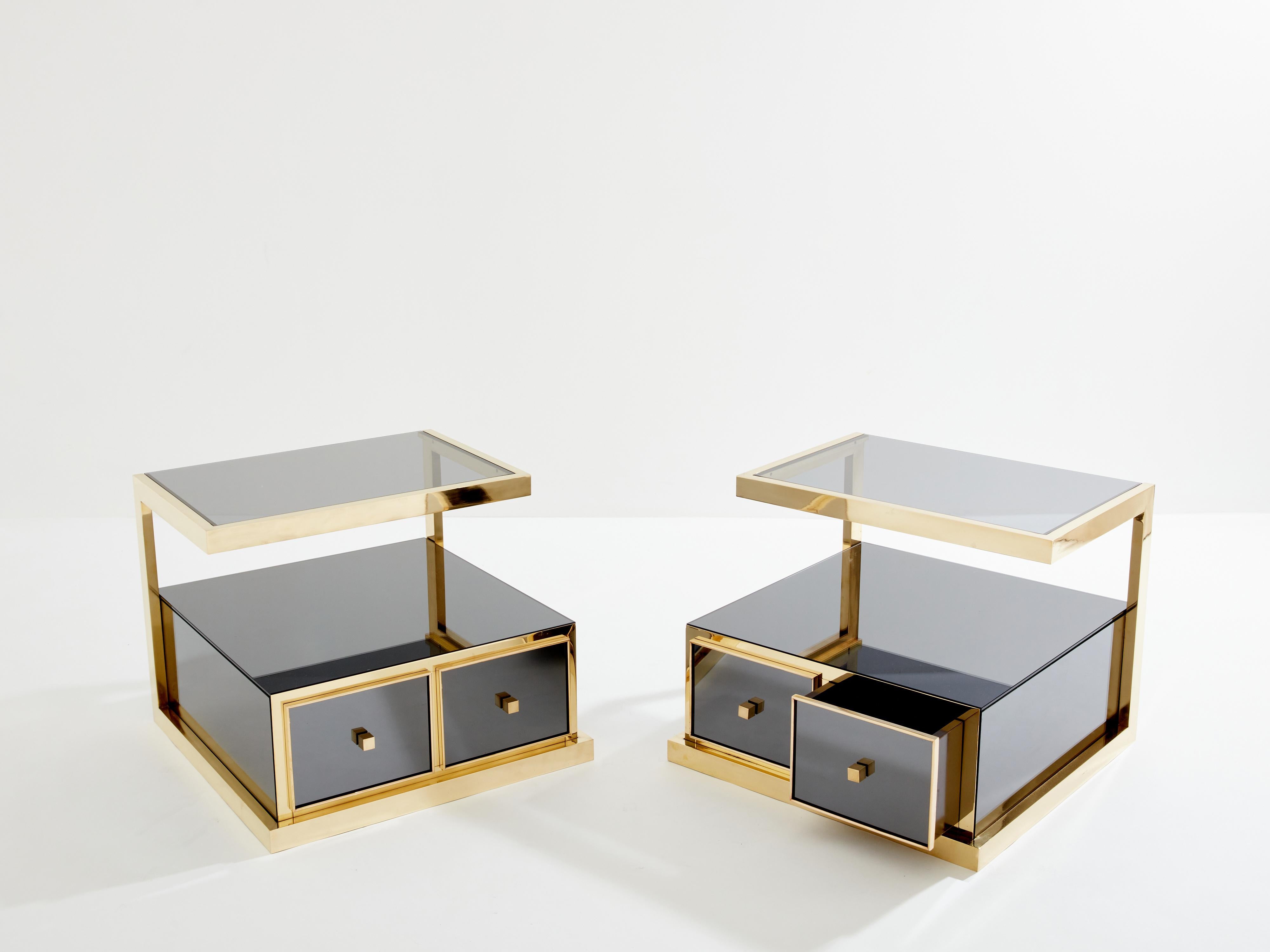Brass Pair of Michel Pigneres smoked mirrored and brass side tables 1970s For Sale