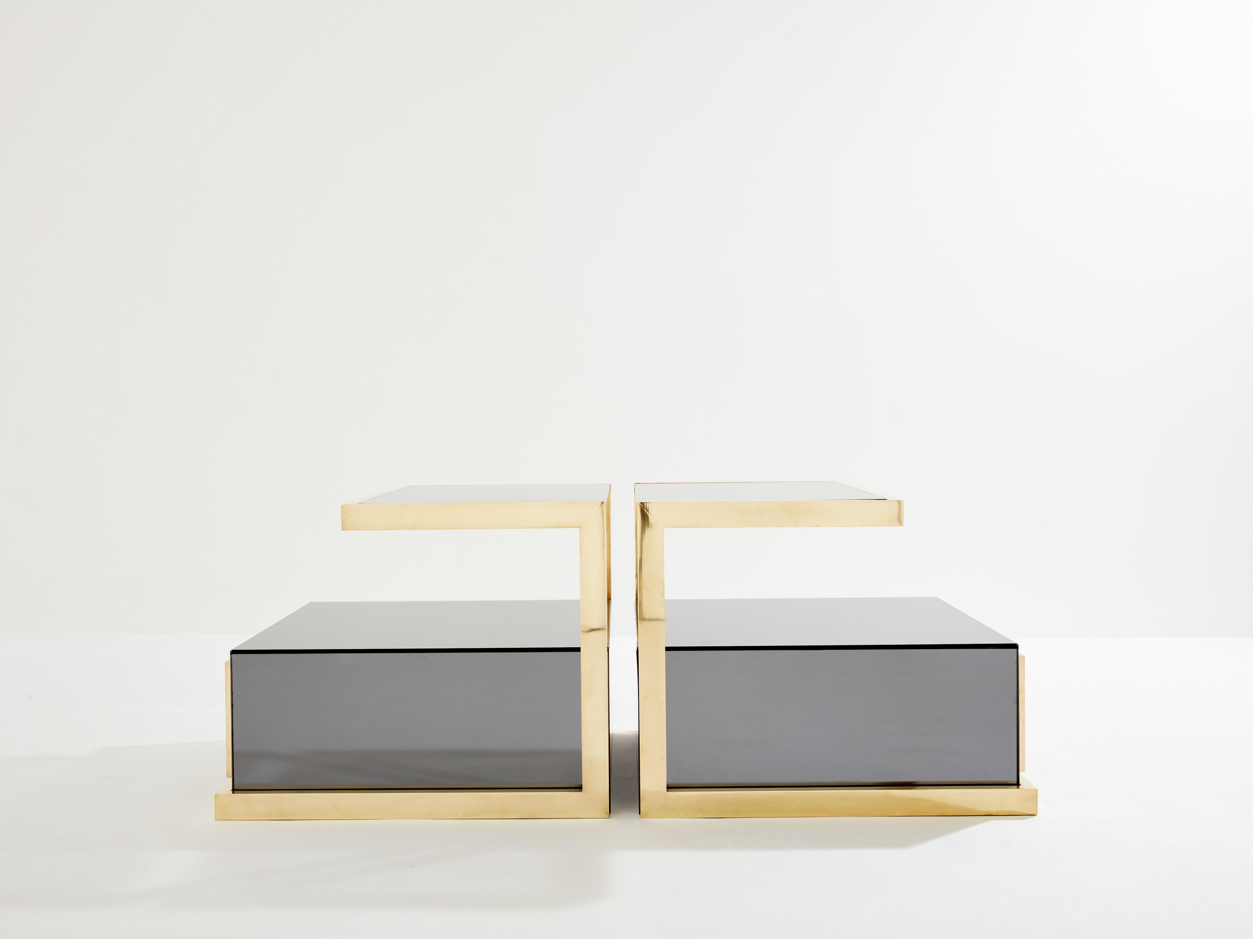 Pair of Michel Pigneres smoked mirrored and brass side tables 1970s For Sale 1
