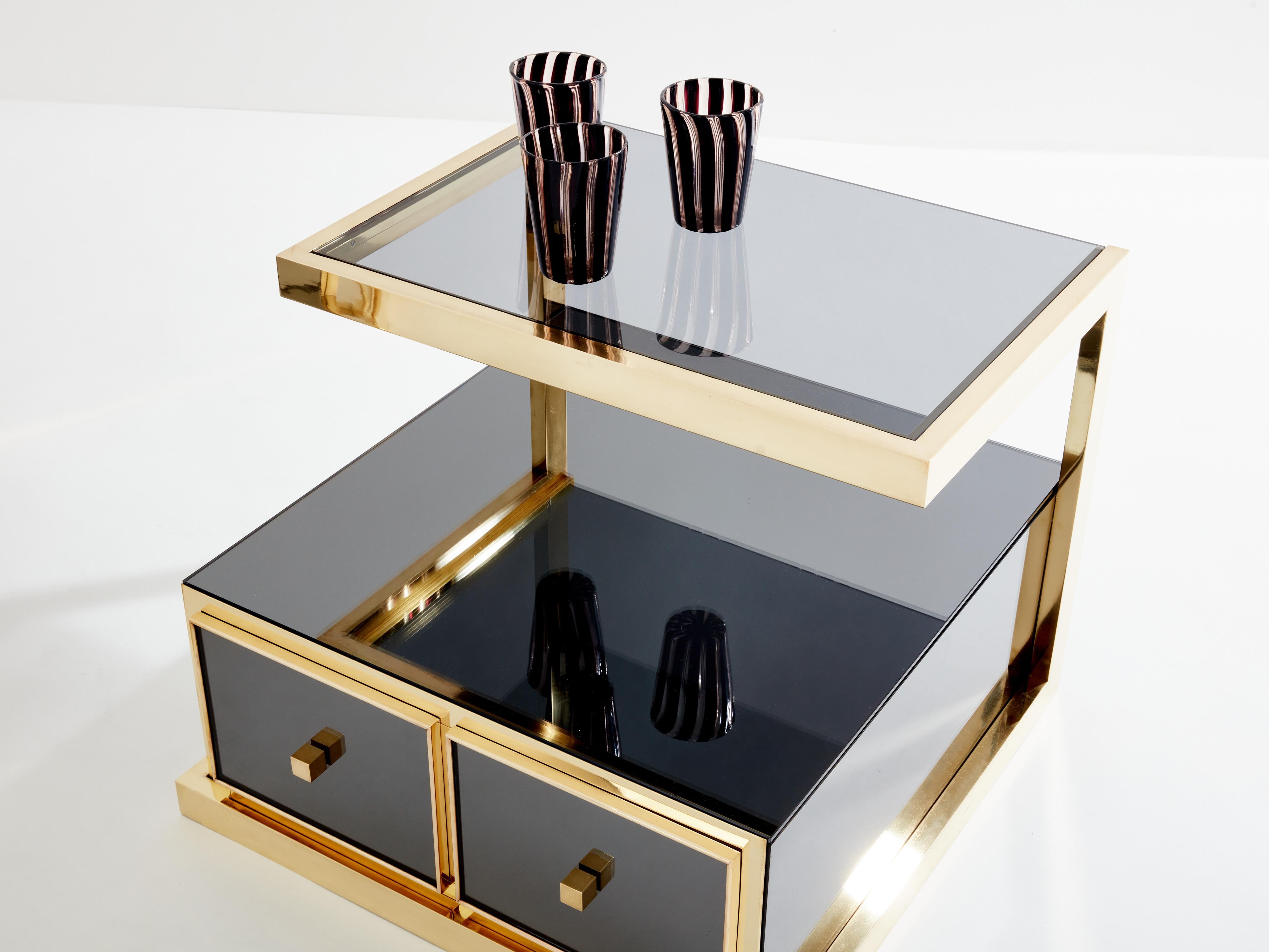 Pair of Michel Pigneres smoked mirrored and brass side tables 1970s For Sale 2