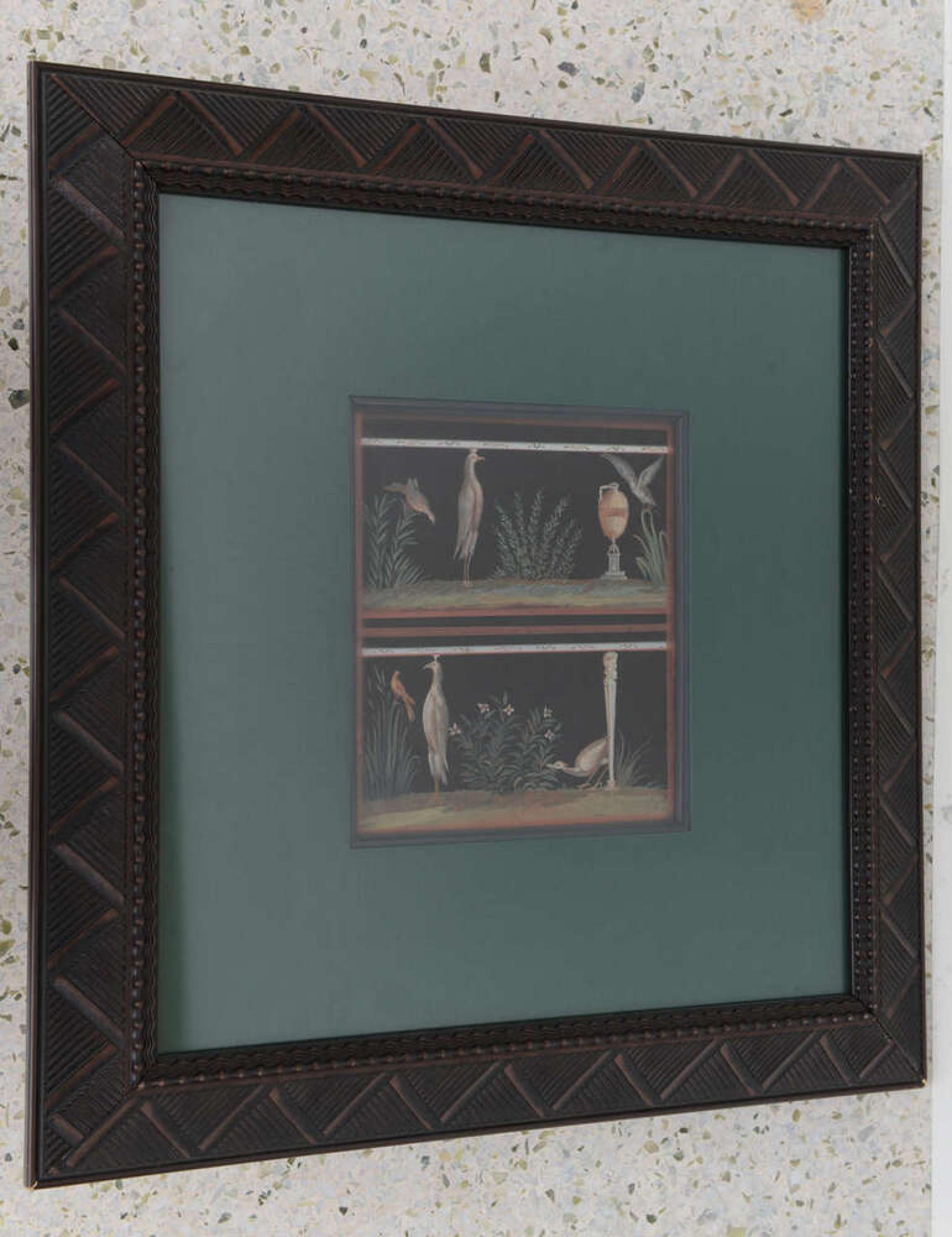 PAR de pinturas al gouache italianas neoclásicas del siglo XVIII enmarcadas en negro con pájaros (att: MICHELANGELO MAESTRI) (PRECIADO COMO PAR)