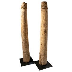 Pair of Mid-17th Century Spanish Hand Carved Wooden Columns on Square Iron Bases