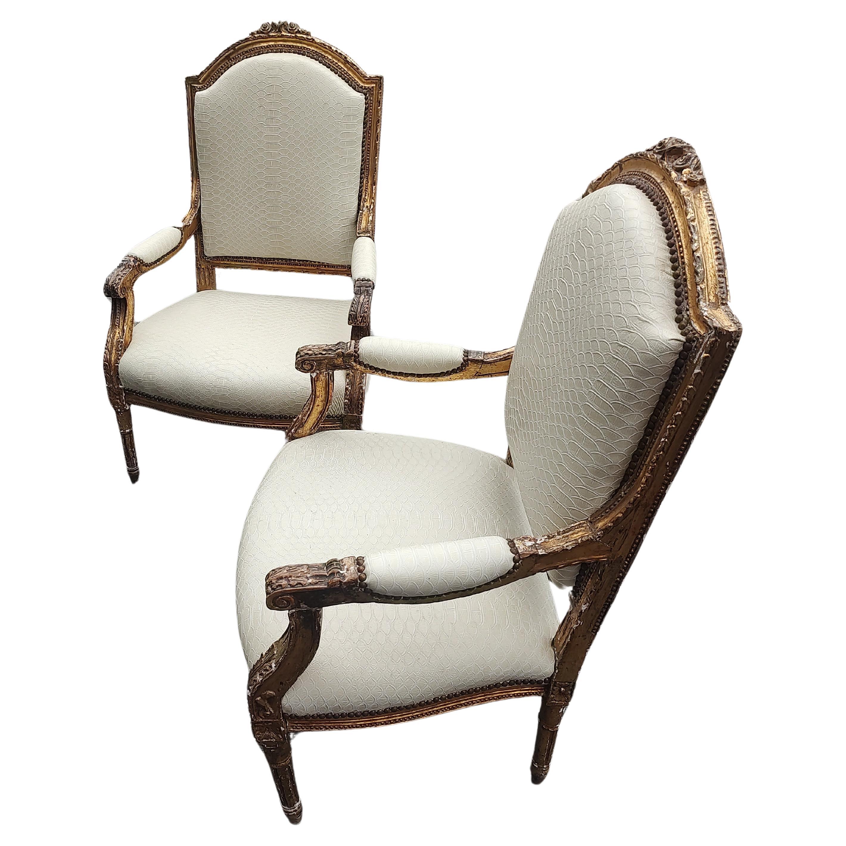 Hand-Carved Pair of Mid 18th Century Gilt French Armchairs Fauteuils For Sale