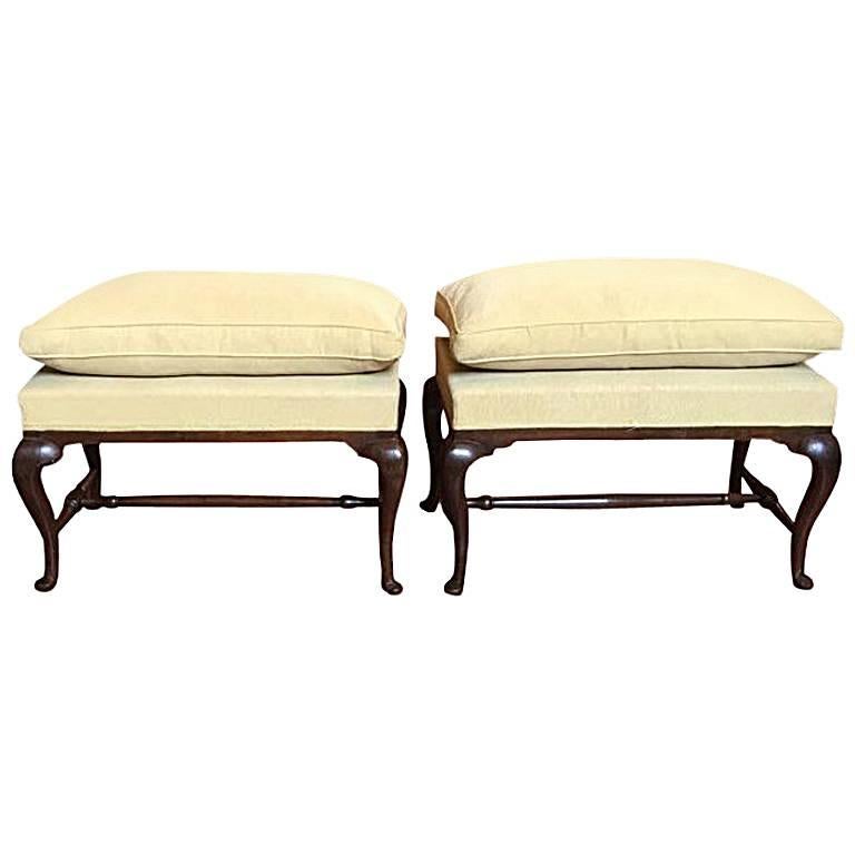 Italy Pair of Mid-18th Century Baroque Hand-Carved Walnut Upholstered Benches
