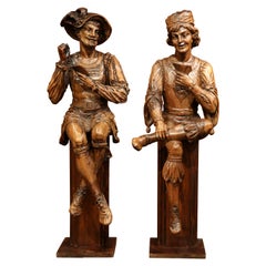 Antique Pair of Mid-18th Century Italian Carved Walnut Sculptures "The Cards Players"